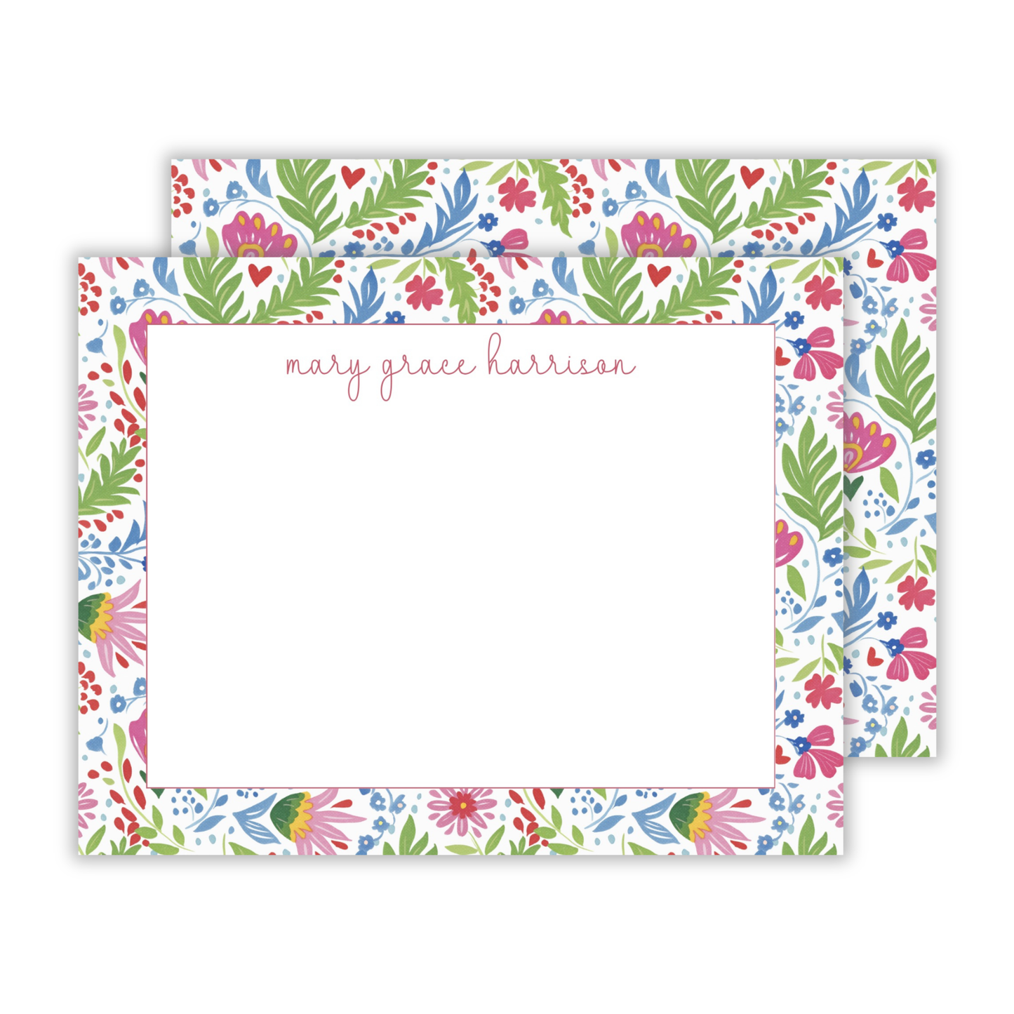 personalized notecard with with brightly colored folk floral background and simple cursive name, ShooFly Paper Co. Auburn, Alabama