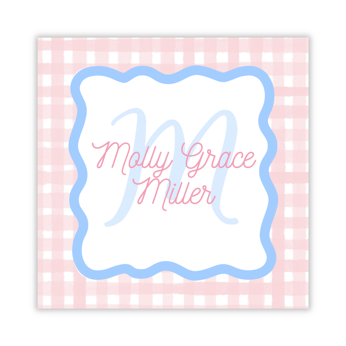 personalized gift tag with pink gingham background and blue wavy frame, ShooFly Paper Co. Auburn, Alabama