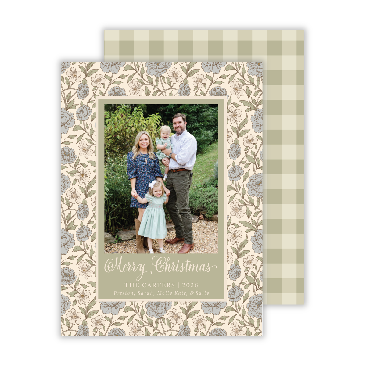 personalized photo Christmas card with netural tone floral background, ShooFly Paper Co. Auburn, Alabama