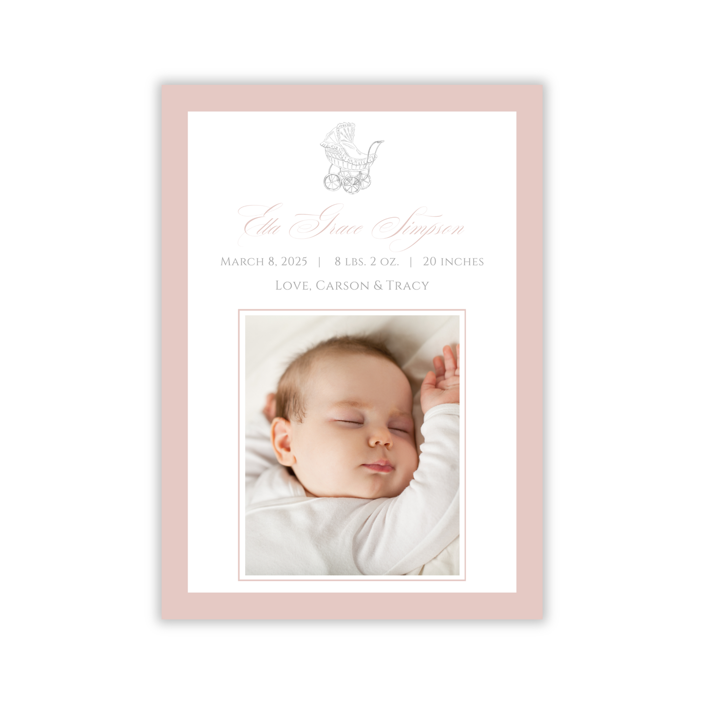 pink birth announcement with pink border and drawn pram, ShooFly Paper Co. Auburn, Alabama