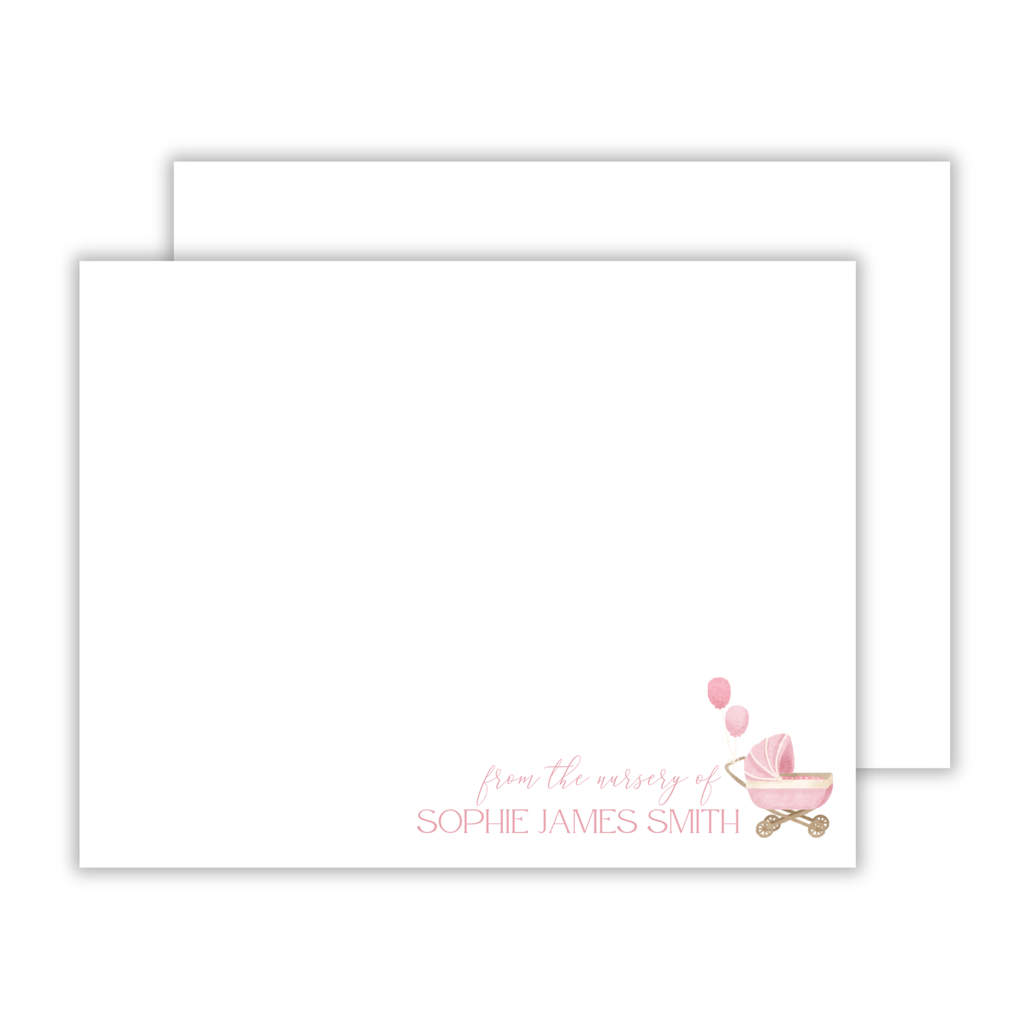 baby gift, thank you note for baby shower with pink pram stroller, ShooFly Paper Co. Auburn, Alabama