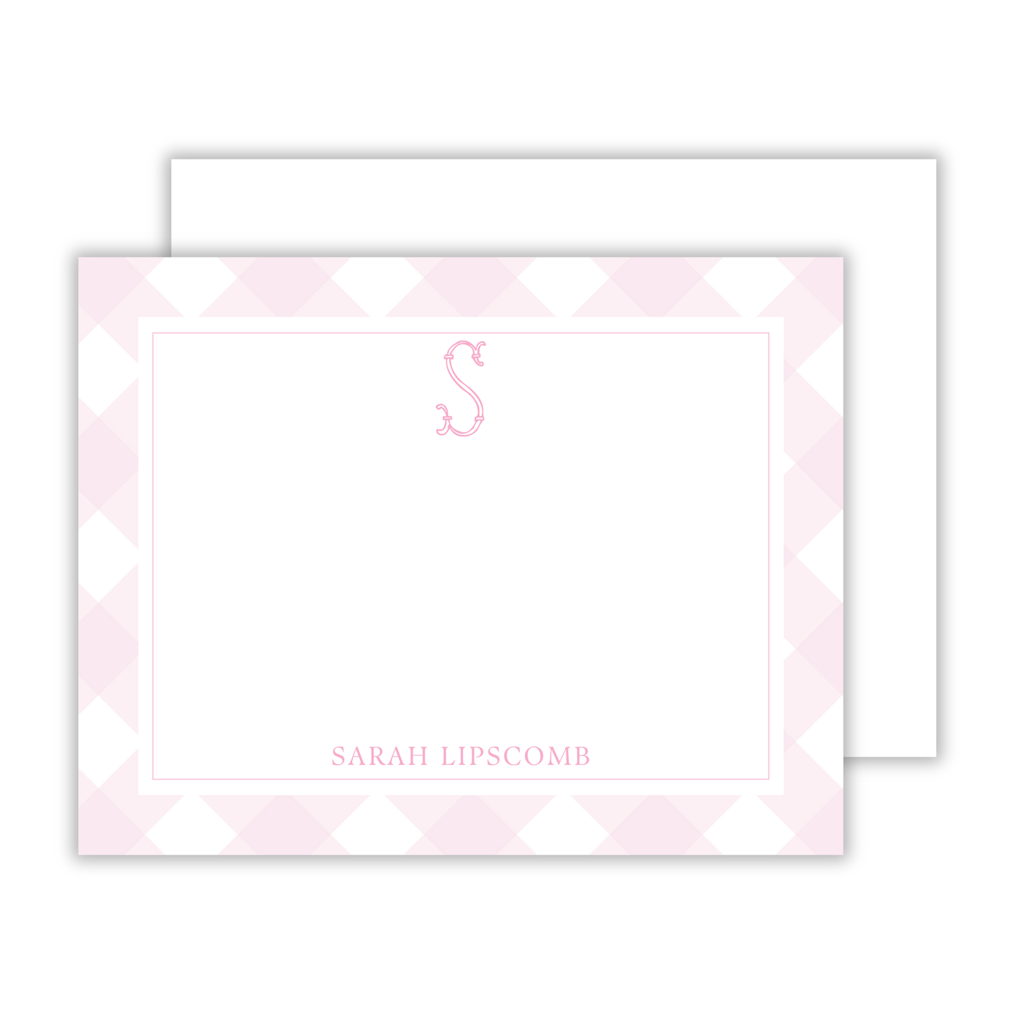 cute notecard set with pink check background and ornate initial and name, shoofly paper co. Auburn, Alabama
