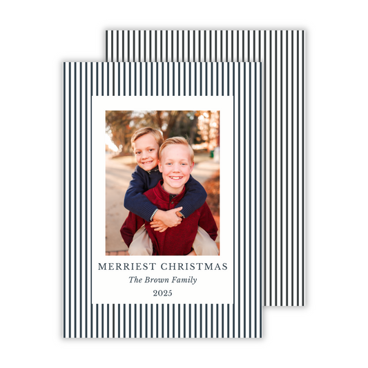minimalist photo christmas card with simple preppy stripe in charcoal grey, ShooFly Paper Co. Auburn, Alabama