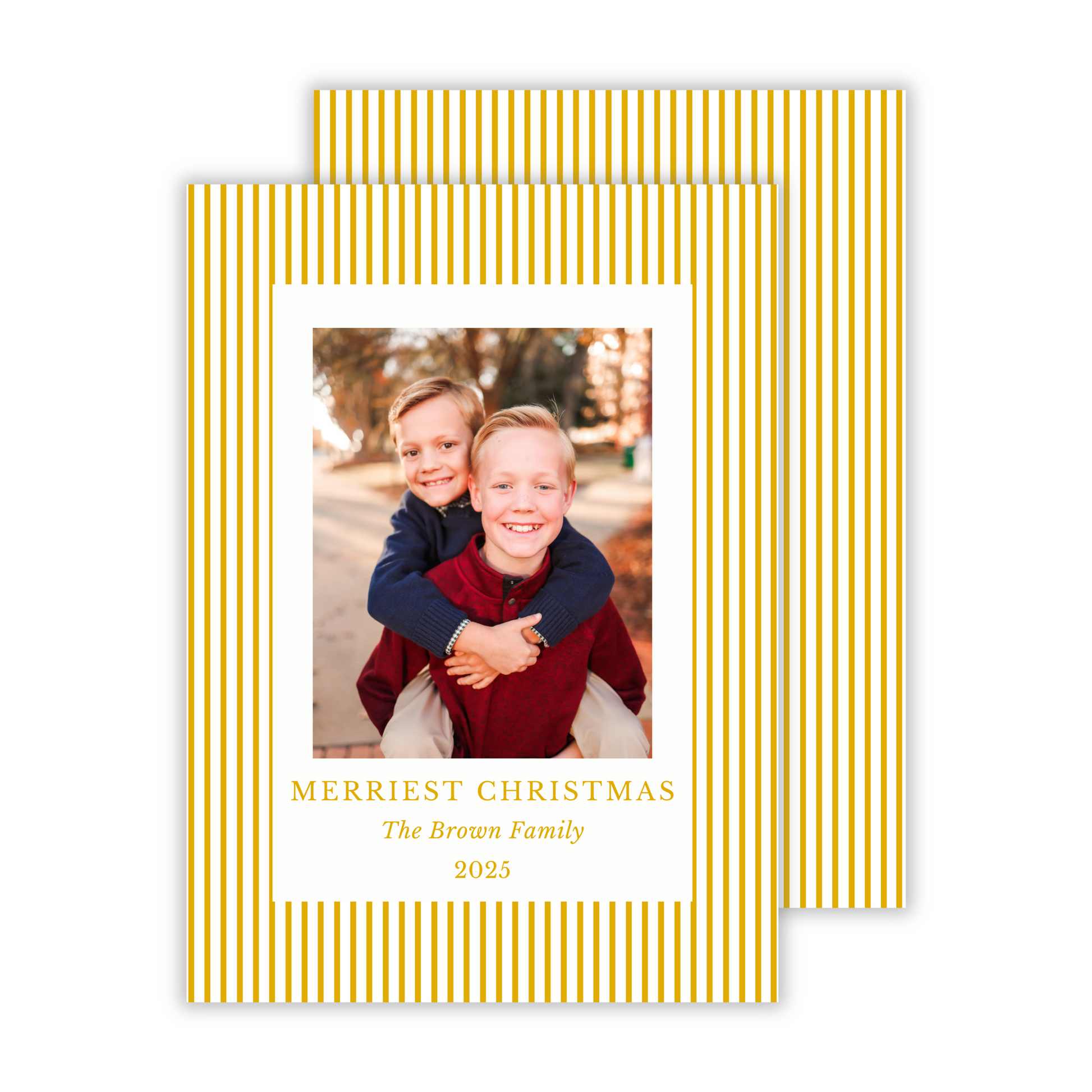 minimalist photo christmas card with simple preppy stripe in mustard yellow, ShooFly Paper Co. Auburn, Alabama