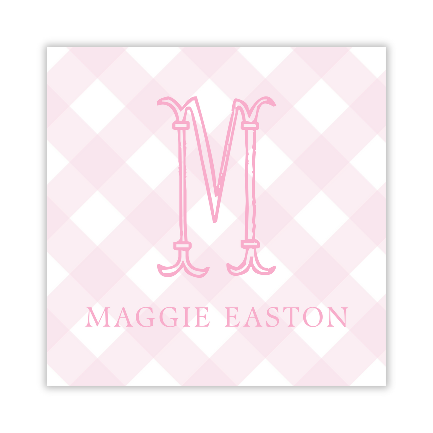 adorable gift tag with pink check background, fishtail single initial, and name, ShooFly Paper Co. Auburn, Alabama