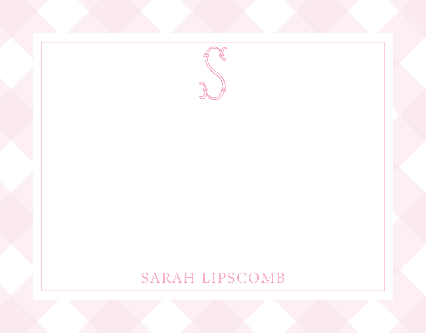 cute notecard set with pink check background and ornate initial and name, shoofly paper co.