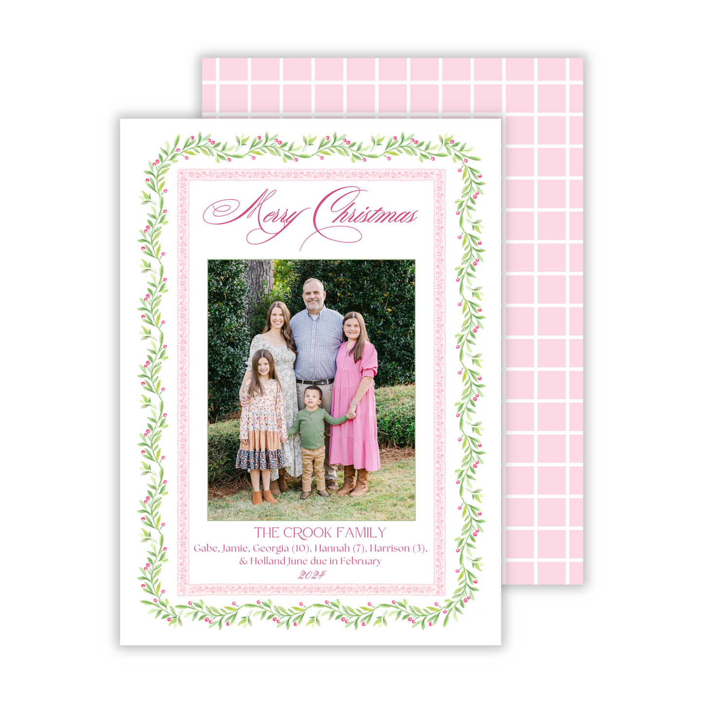 elegant pink and green christmas card with delicate feminine border, ShooFly Paper Co. Auburn, Alabama
