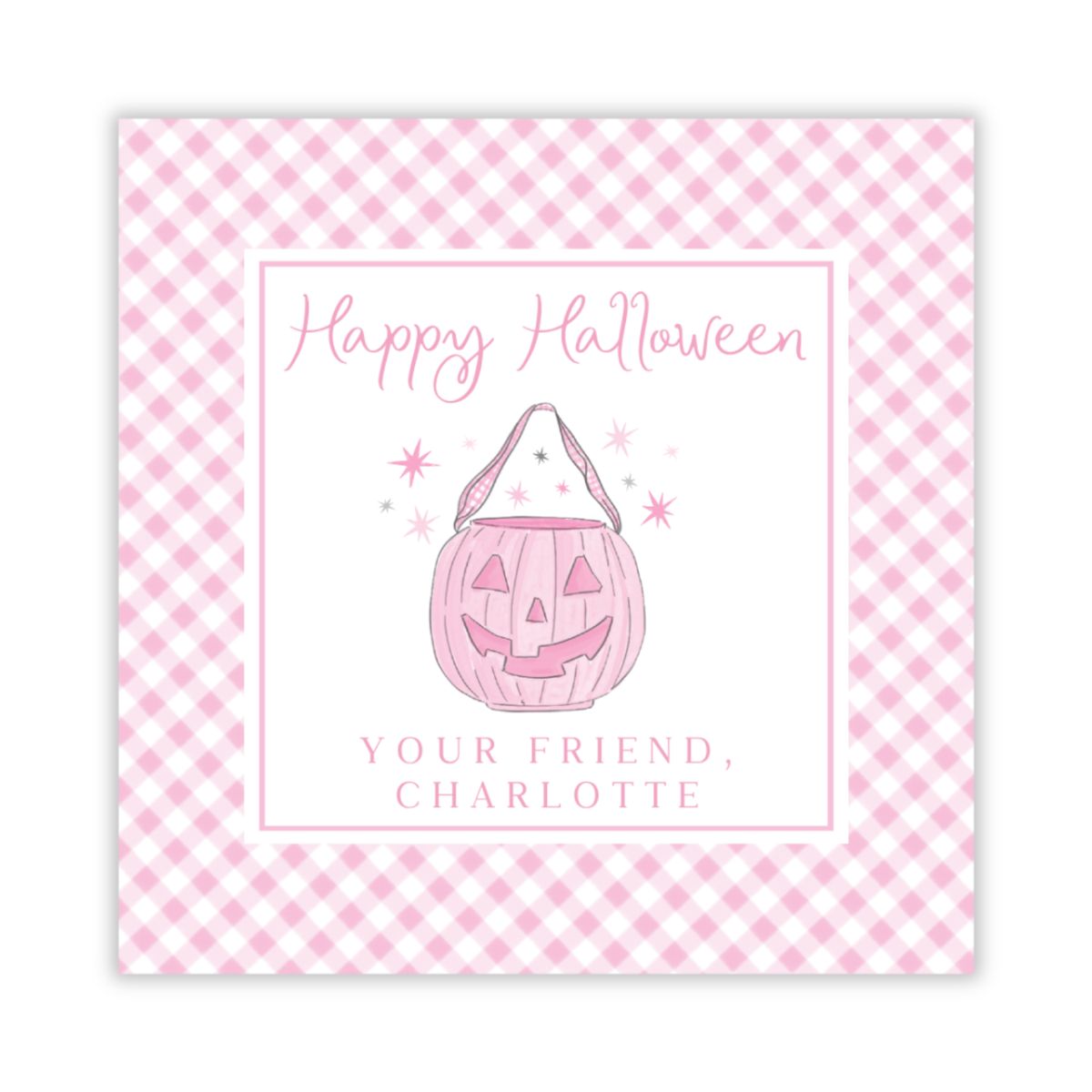 personalized Halloween treat tag with pink jack-o-lantern treat bucket, ShooFly Paper Co. Auburn, Alabama
