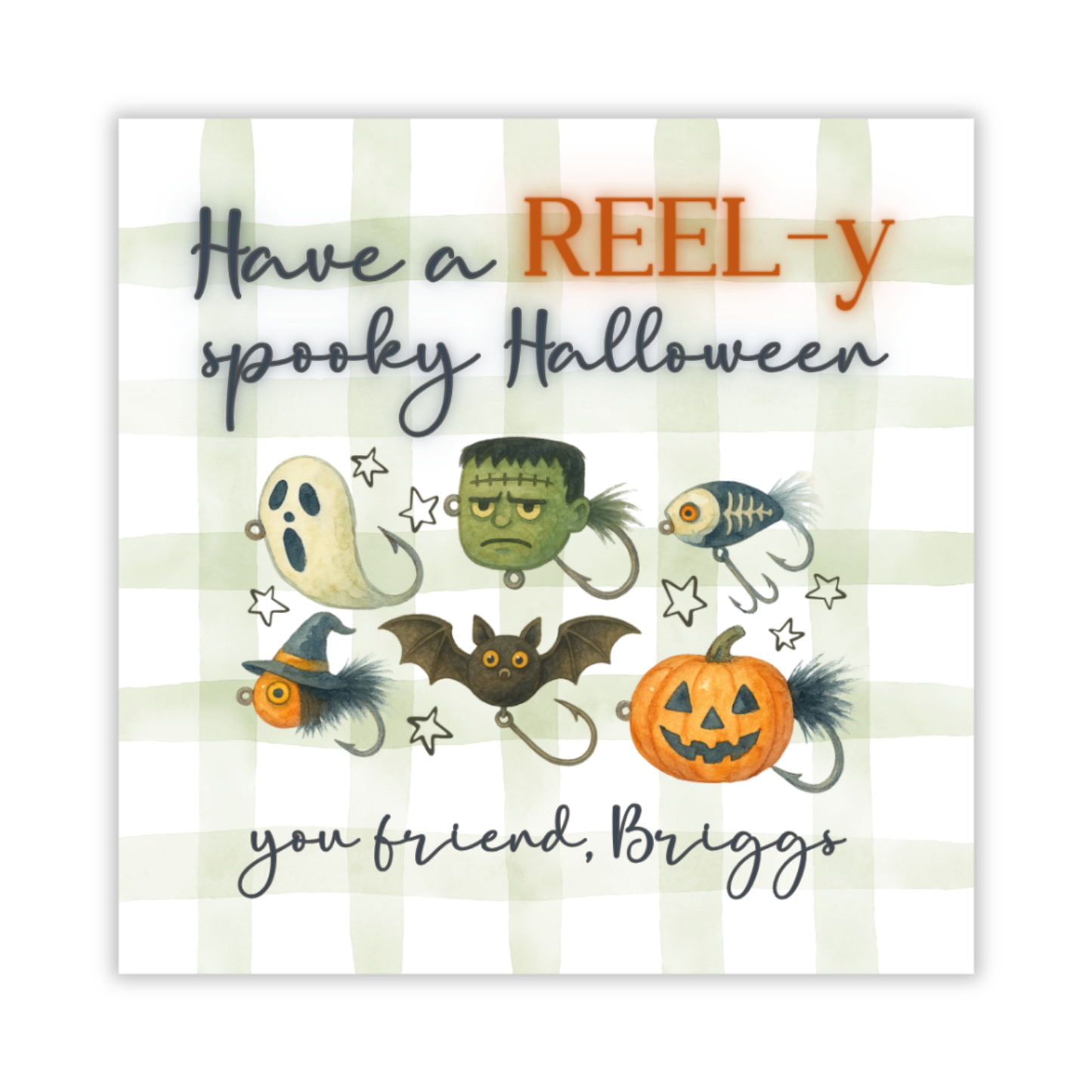 personalized fishing themed Halloween gift tag, ShooFly Paper Co. Auburn, Alabama