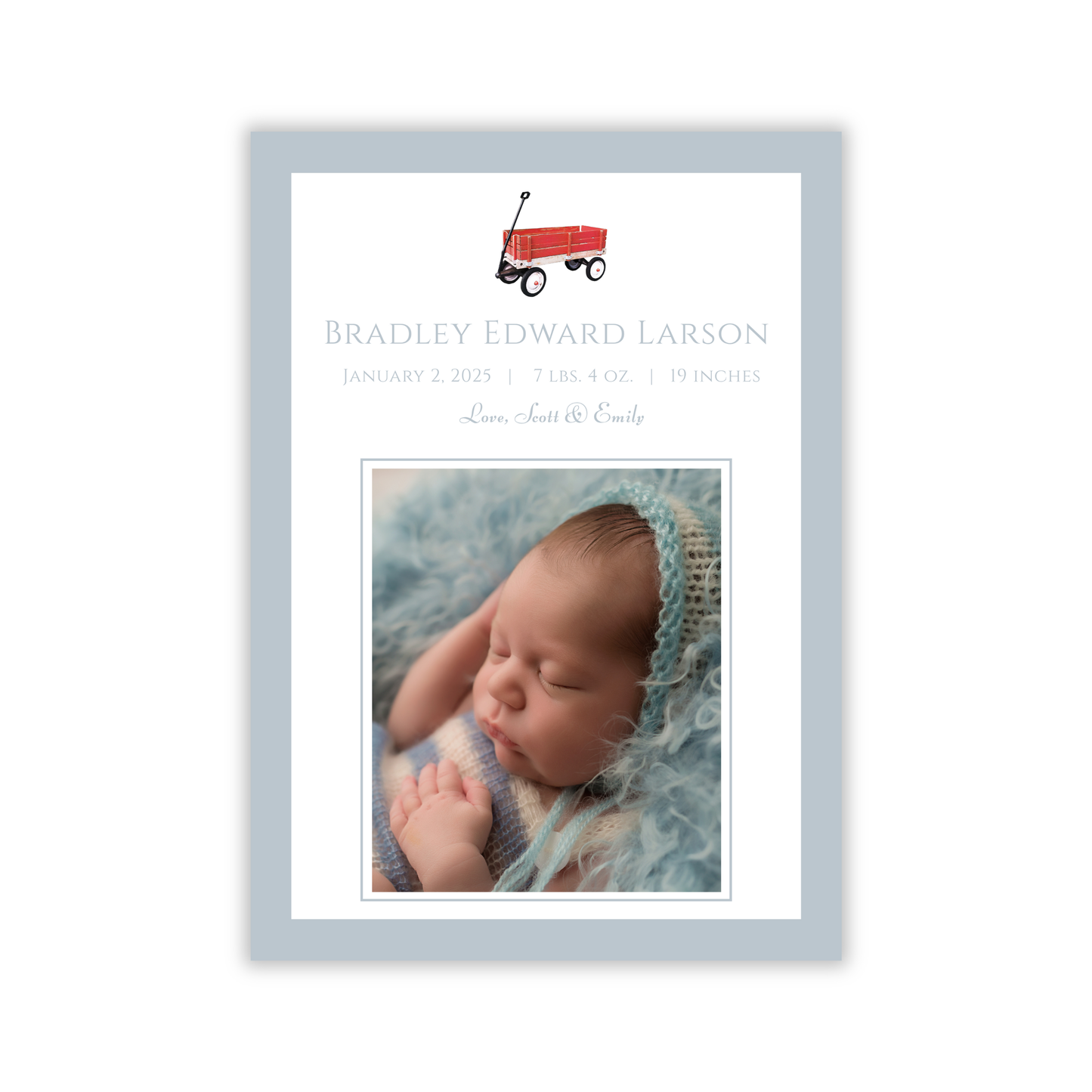 boy birth announcement with adorable little red wagon, ShooFly Paper Co. Auburn, Alabama