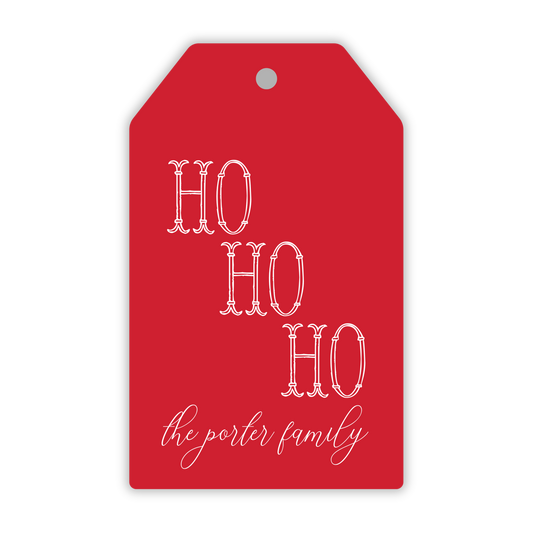 personalized red hanging gift tag with ho ho ho and name, ShooFly Paper Co. Auburn, Alabama