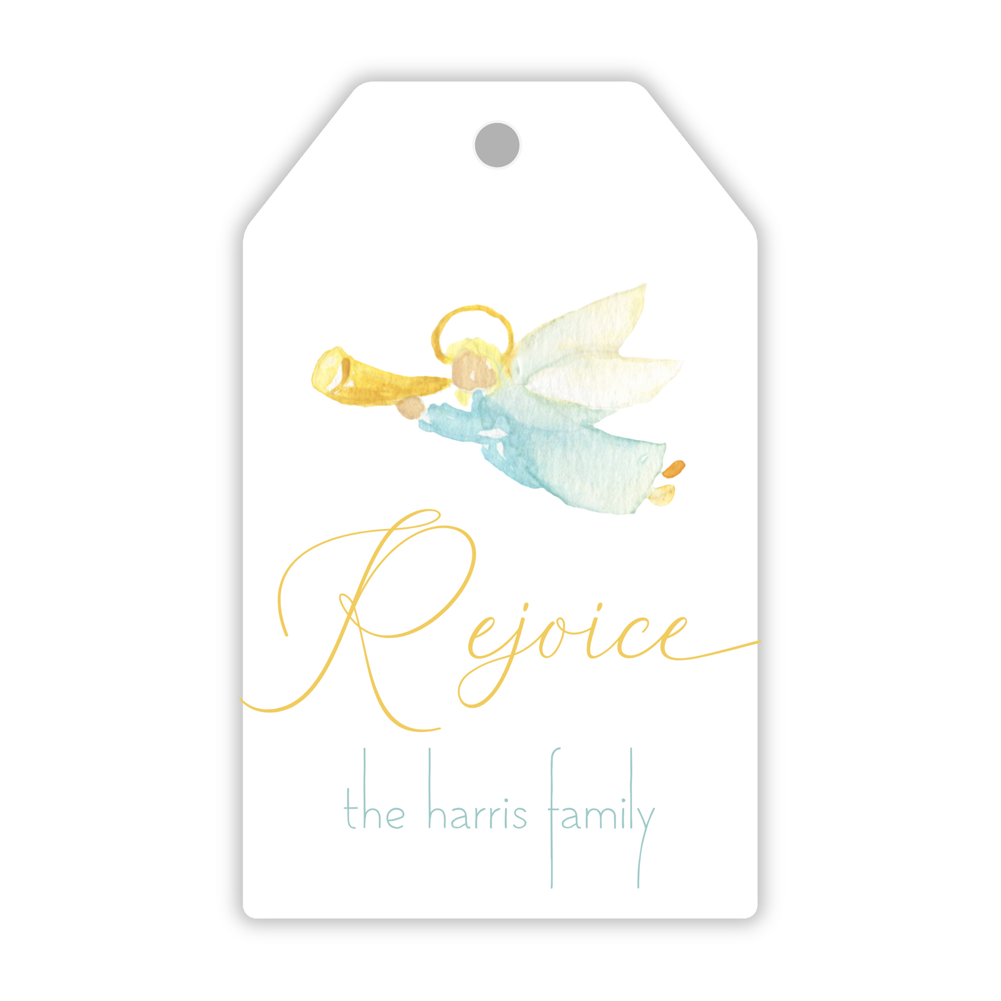 personalized christmas gift tag with watercolor angel and "rejoice" in script, ShooFly Paper Co. Auburn, Alabama