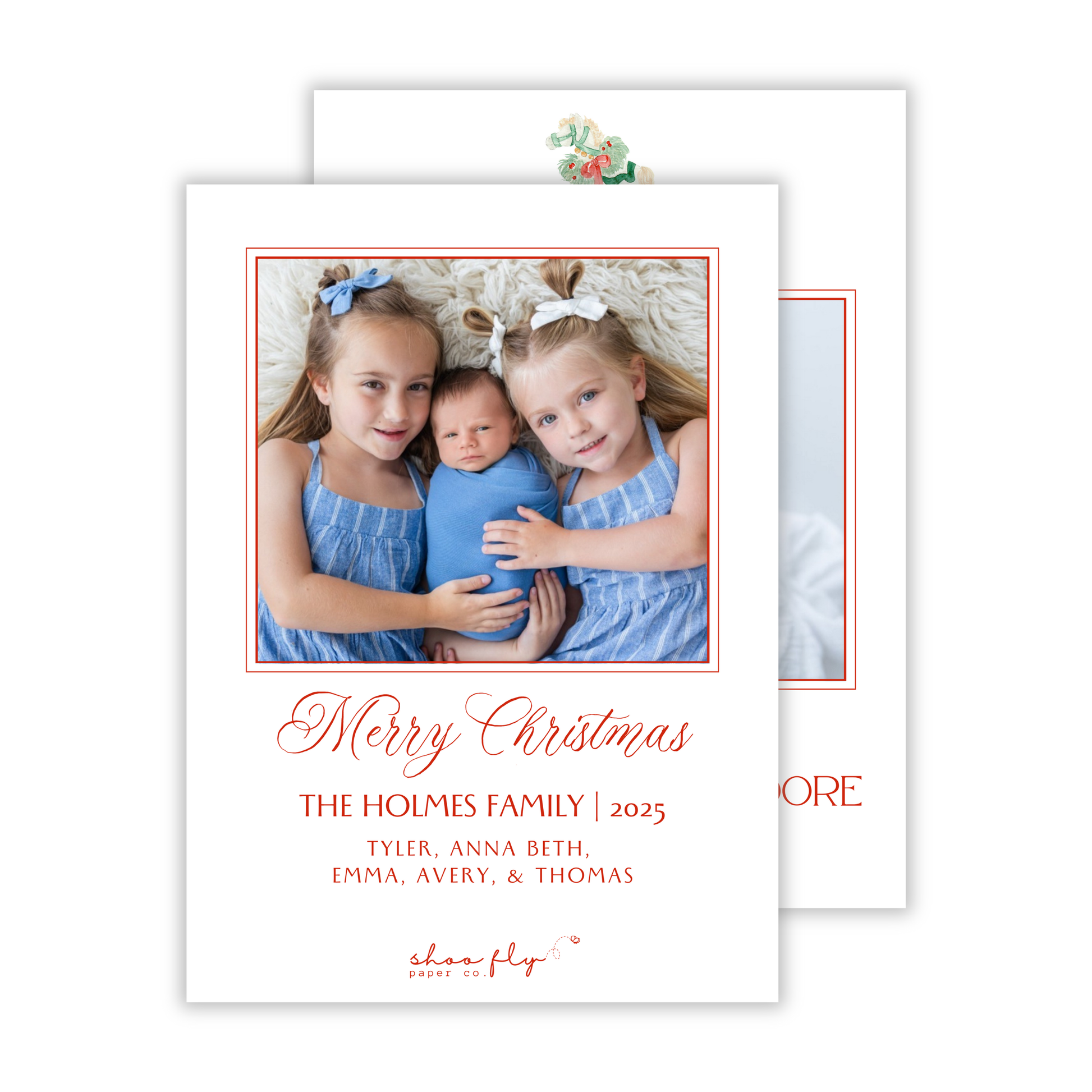 birth announcement Christmas card with watercolor rocking horse; ShooFly Paper Co. Auburn, Alabama