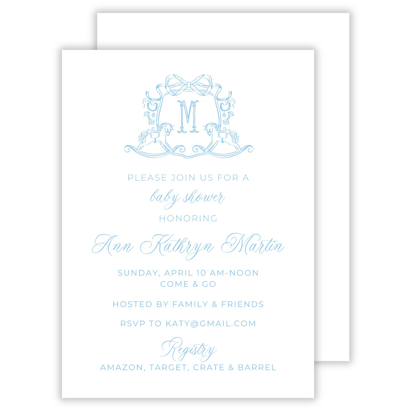 classic baby shower invitation with rocking horse crest, ShooFly Paper Co. Auburn, Alabama