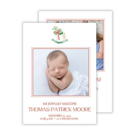 birth announcement Christmas card with watercolor rocking horse; ShooFly Paper Co. Auburn, Alabama