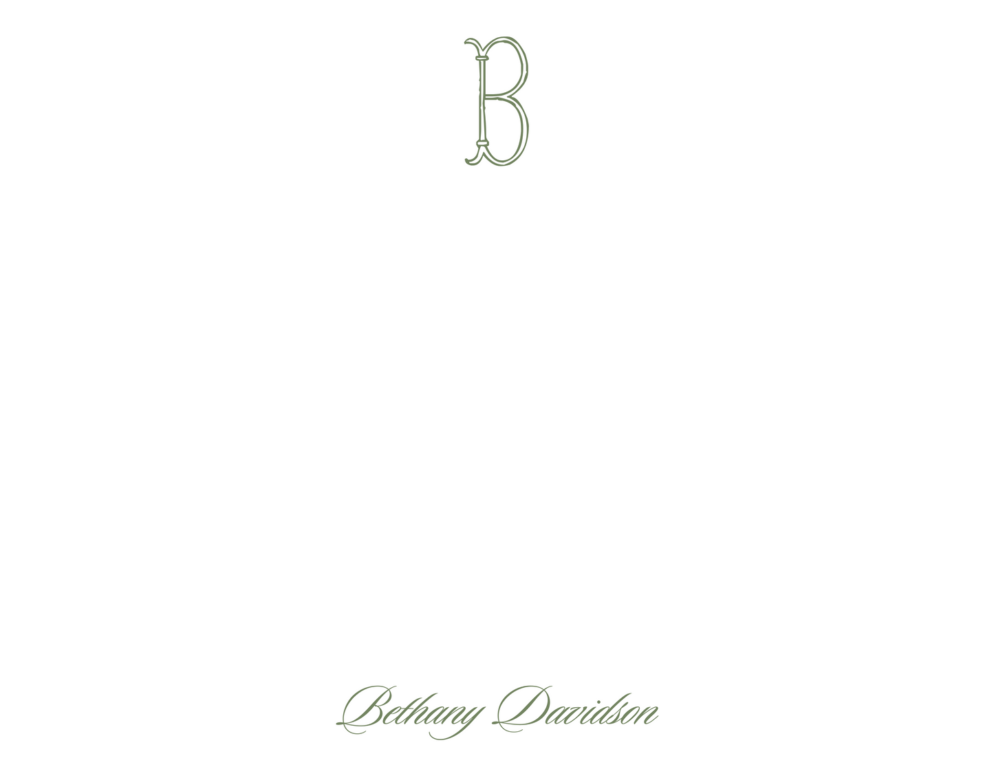 notecard with single initial and script name, shoofly paper co.