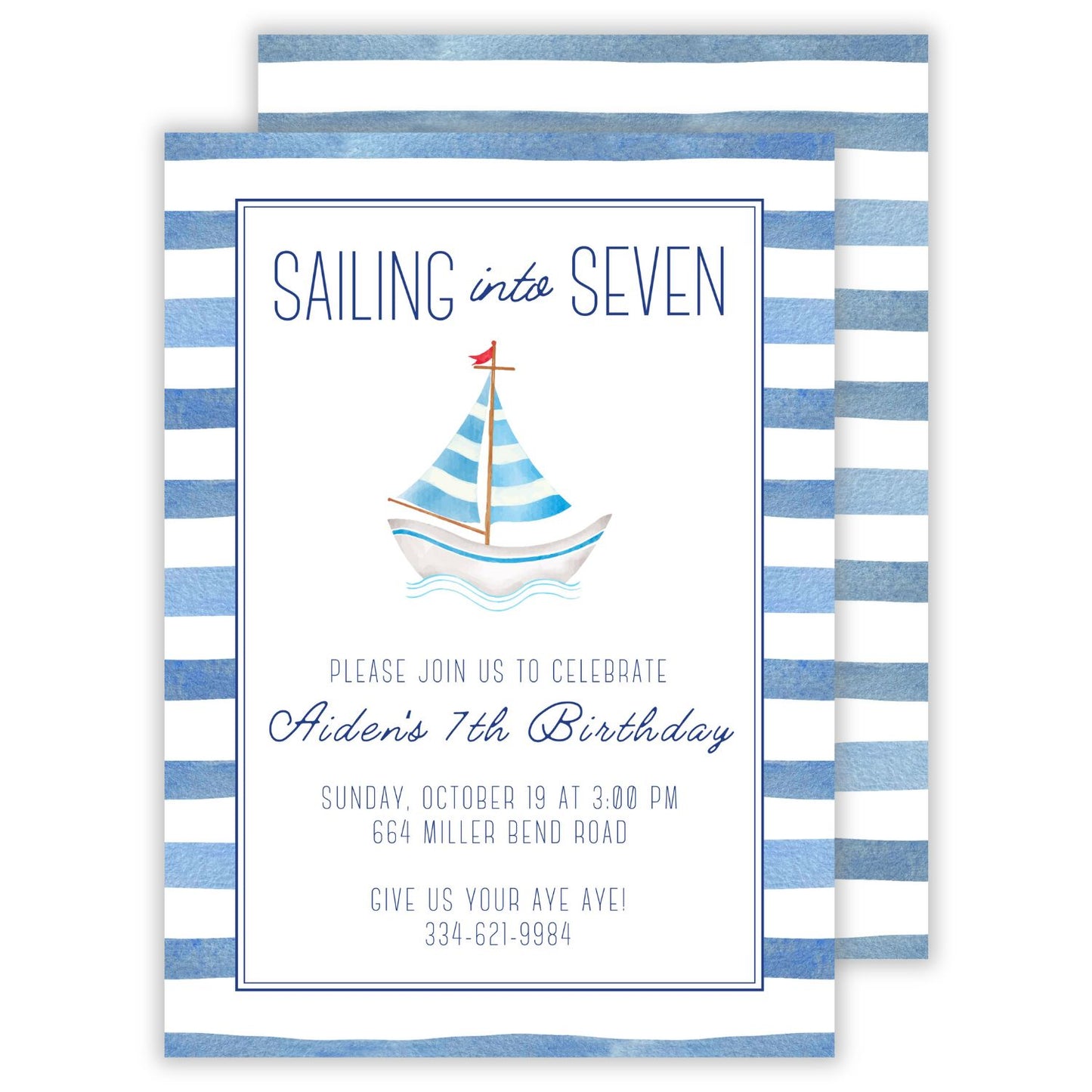nautical stripe invitation for sailboat theme birthday party, ShooFly Paper Co. Auburn, Alabama
