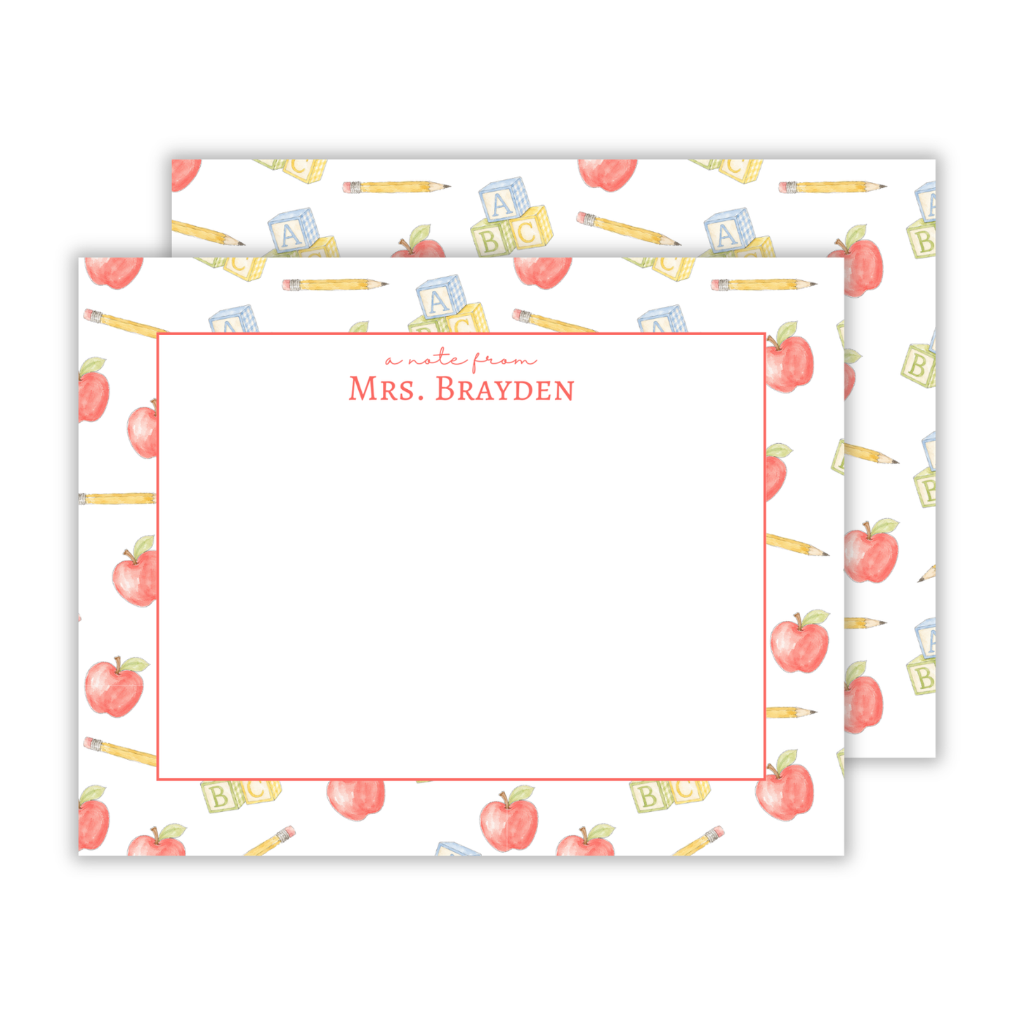 personalized notecard with with watercolor school theme, ShooFly Paper Co. Auburn, Alabama