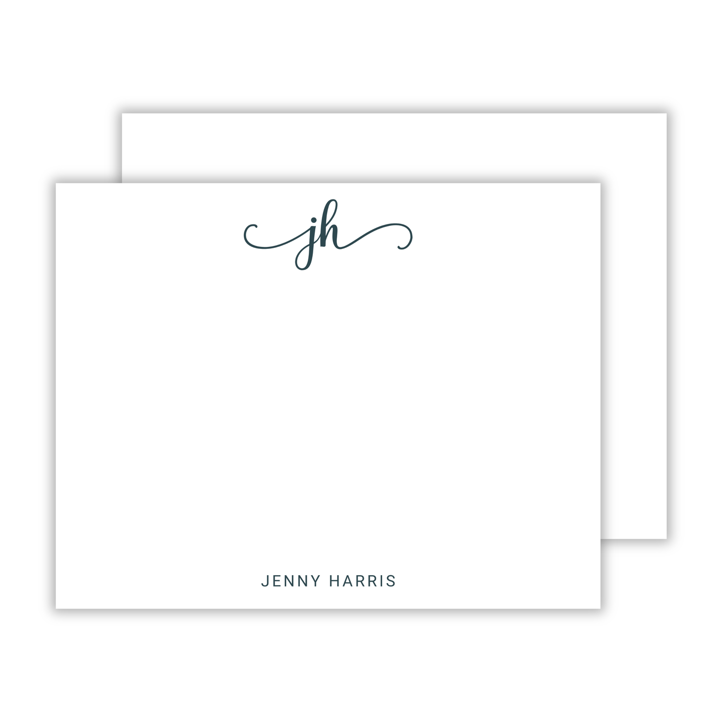 personalized notecard set with elegant script initials with tails and simple block font name, ShooFly Paper Co. Auburn, Alabama