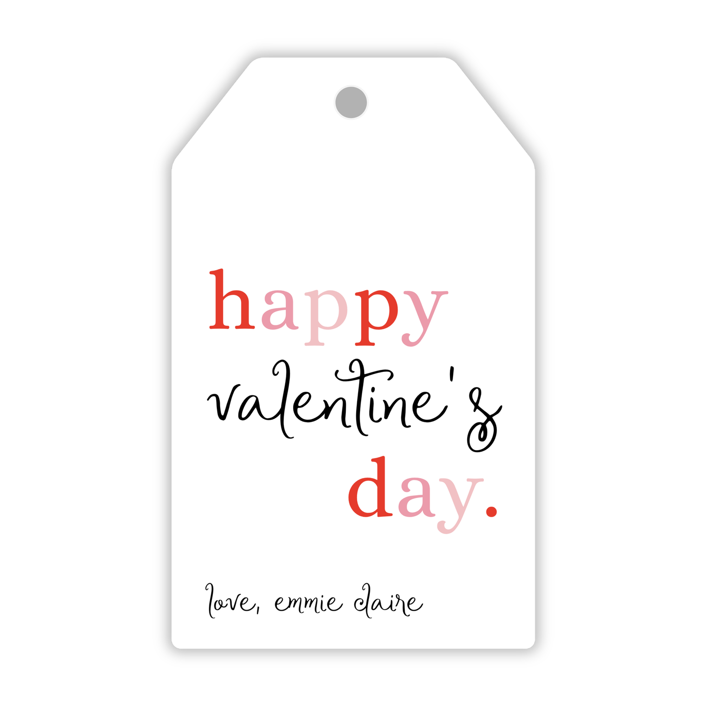 personalized valentines gift tag with pinks and red lettering with black script font, ShooFly Paper Co. Auburn, Alabama