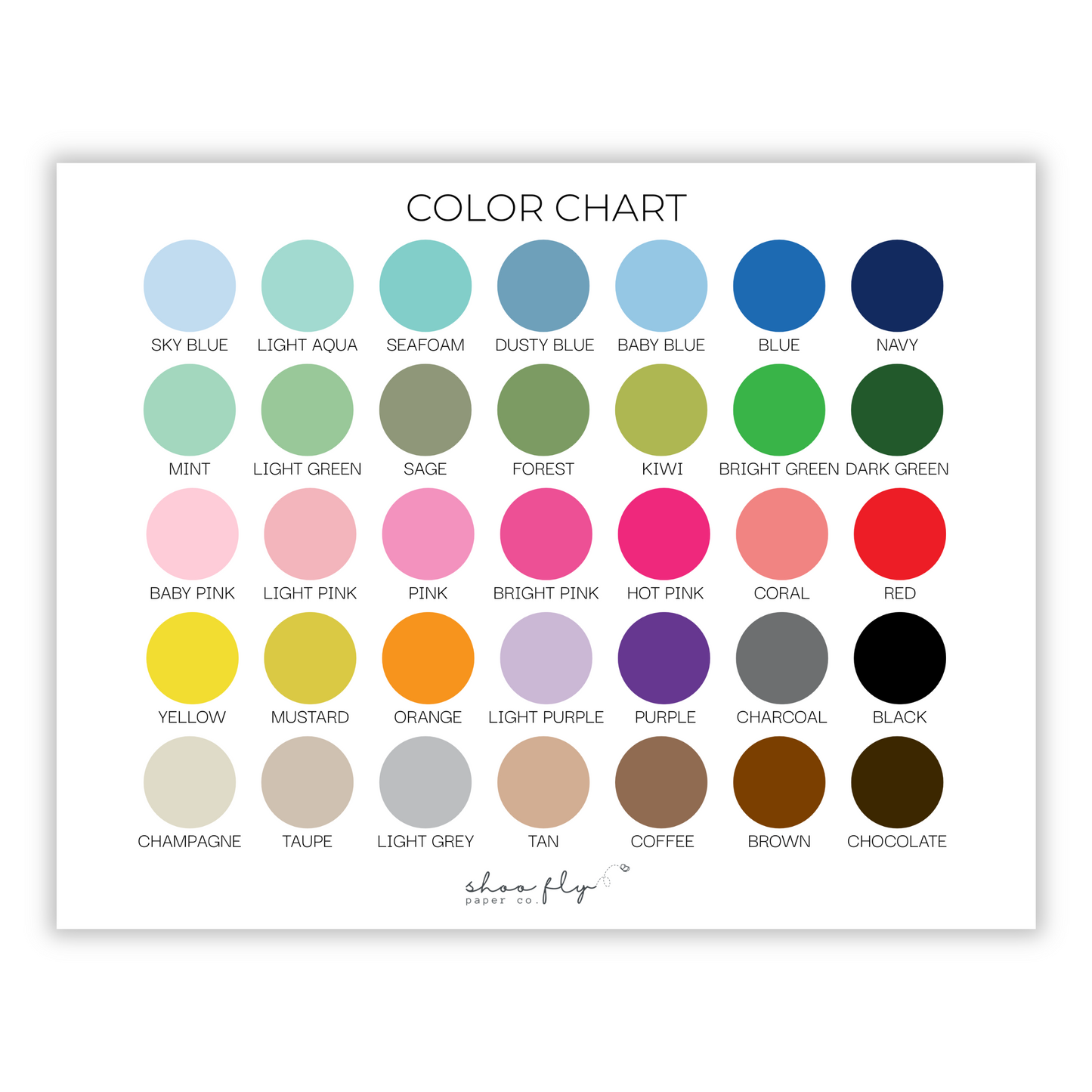 color selection chart for ShooFly Paper Co. Auburn, Alabama