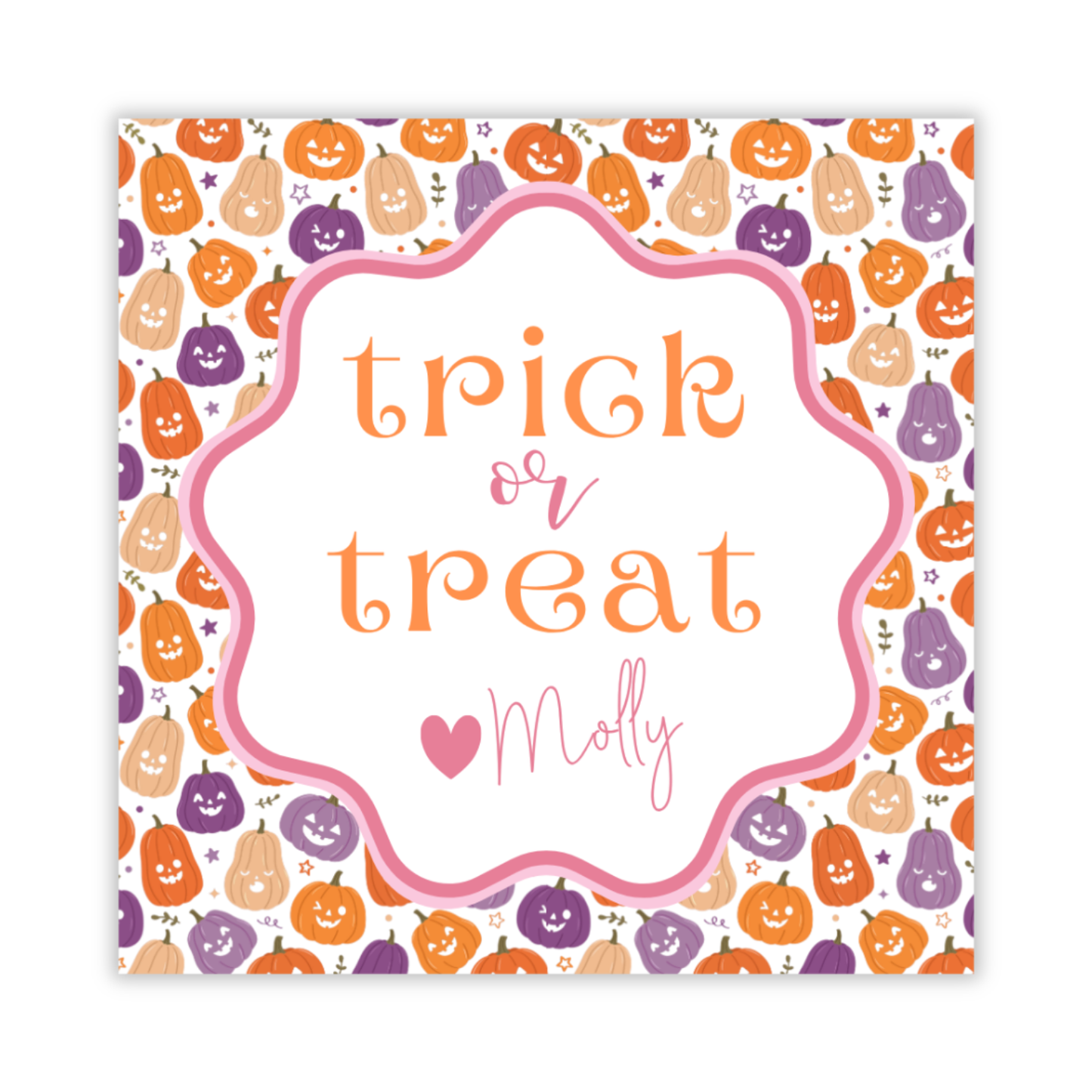 personalized gift tag with a silly jack-o-lantern pattern as the background and trick or treat text, ShooFly Paper Co. Auburn, Alabama