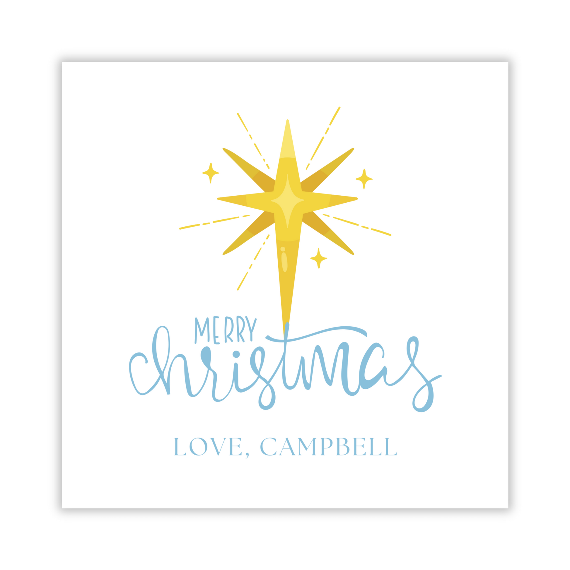 personalized Christmas gift tag with yellow star and 'Merry Christmas' text on a white background, ShooFly Paper Co. Auburn, Alabama
