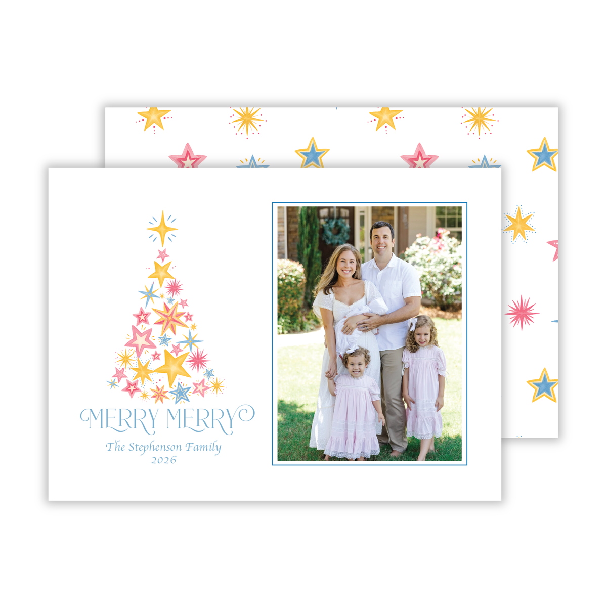 bright colorful photo christmas card with varied stars in the shape of a Christmas tree, ShooFly Paper Co. Auburn, Alabama