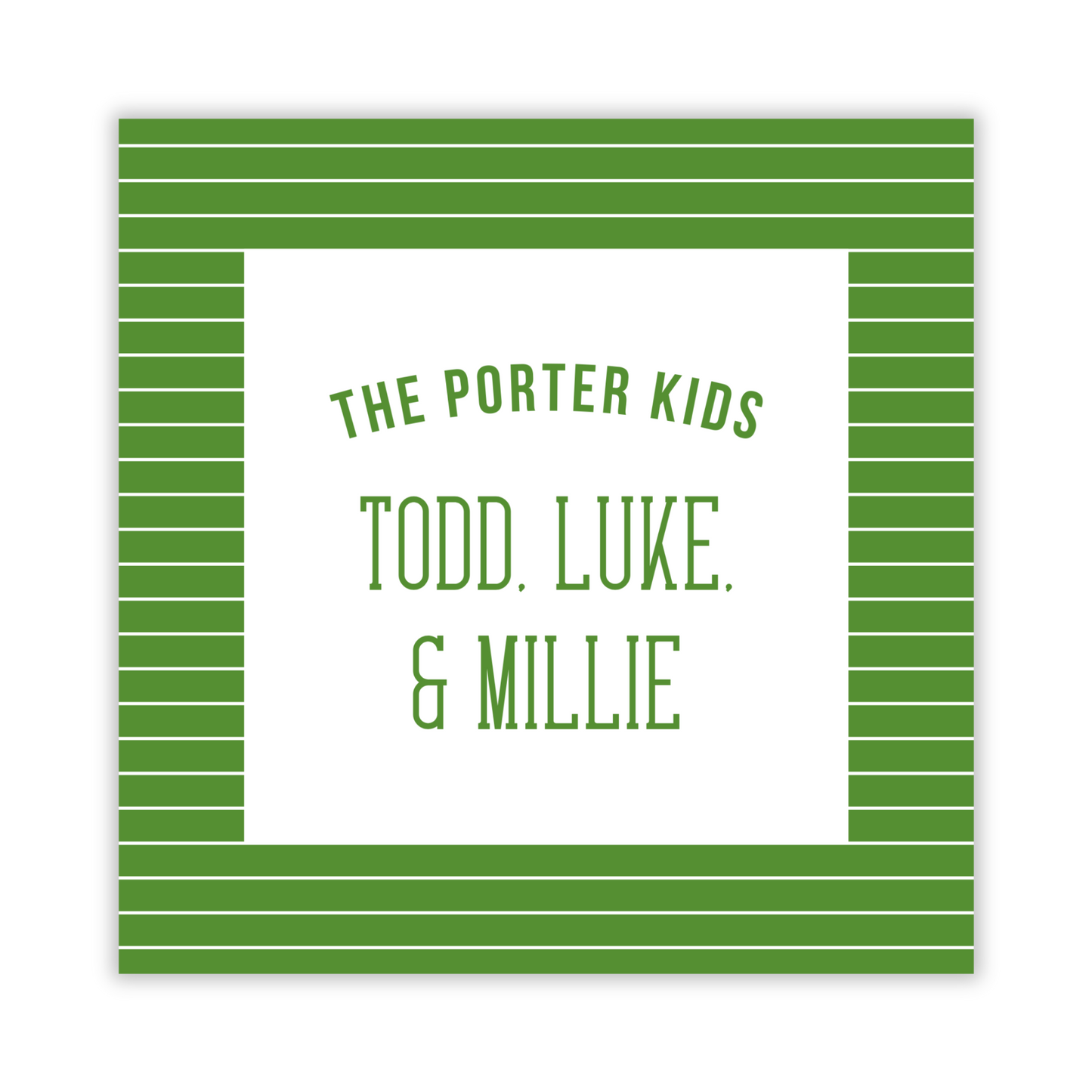 square gift tag with green striped background and family names, ShooFly Paper Co. Auburn, Alabama