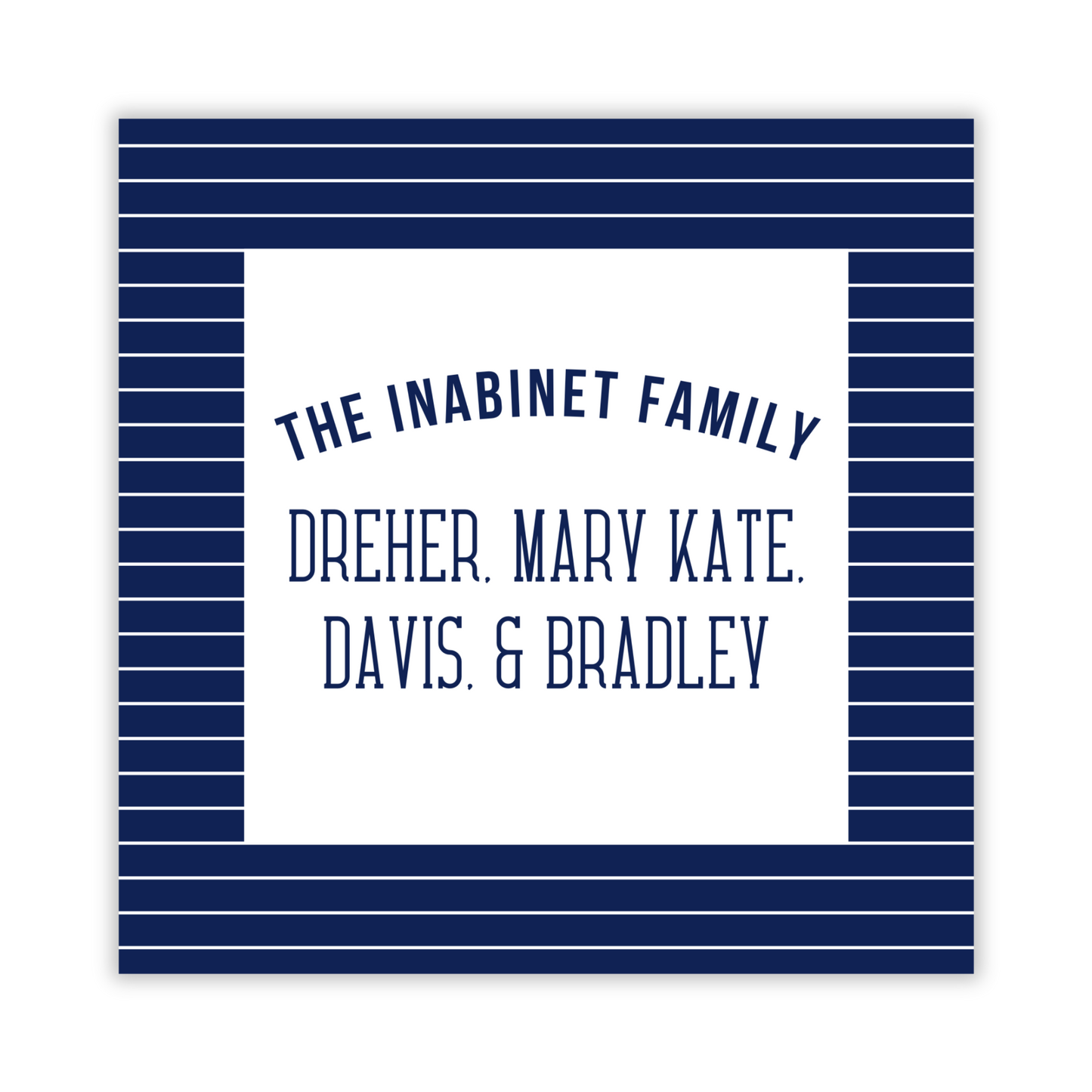 square gift tag with navy striped background and family names, ShooFly Paper Co. Auburn, Alabama
