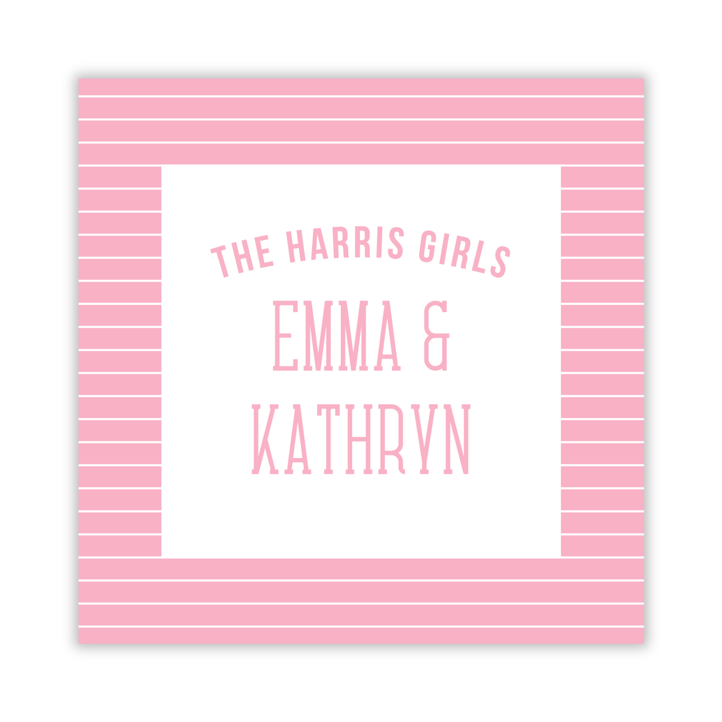 square gift tag with pink striped background and family names, ShooFly Paper Co. Auburn, Alabama