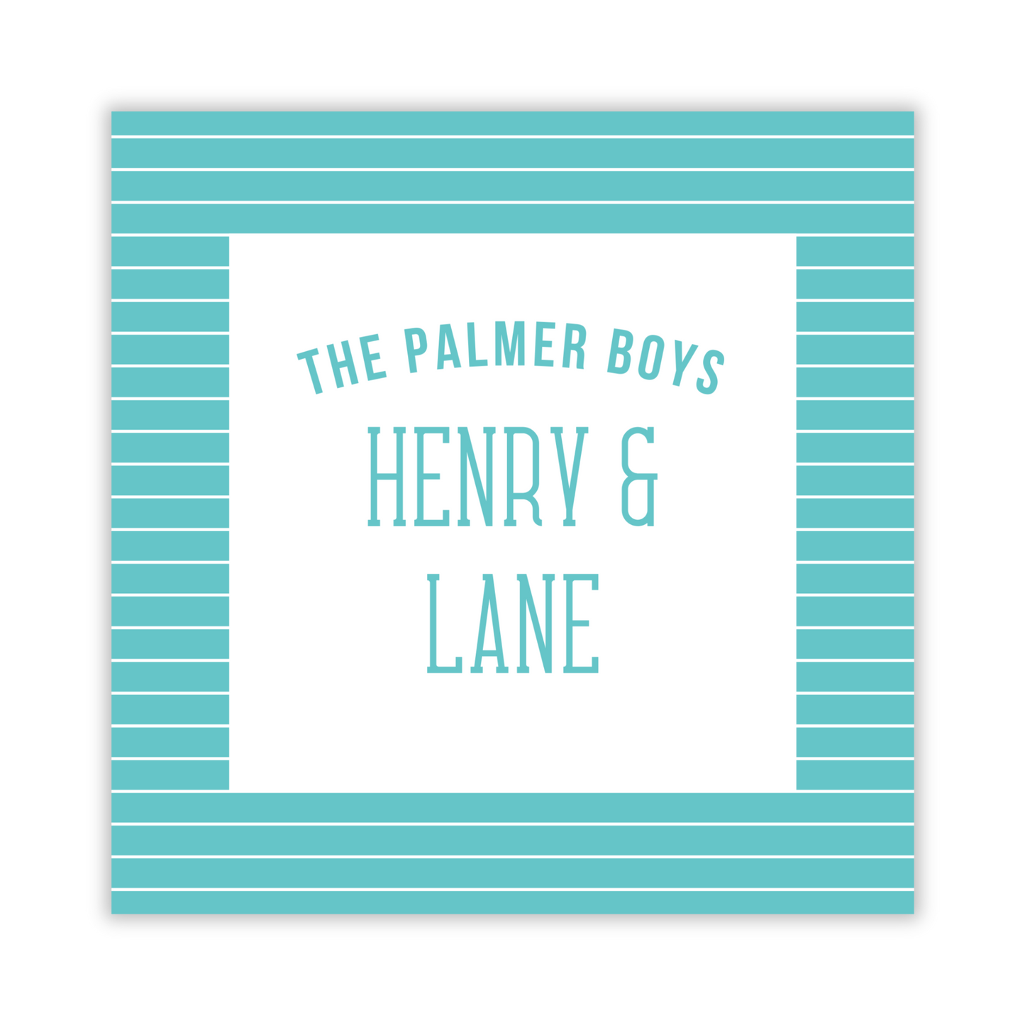 square gift tag with teal striped background and family names, ShooFly Paper Co. Auburn, Alabama