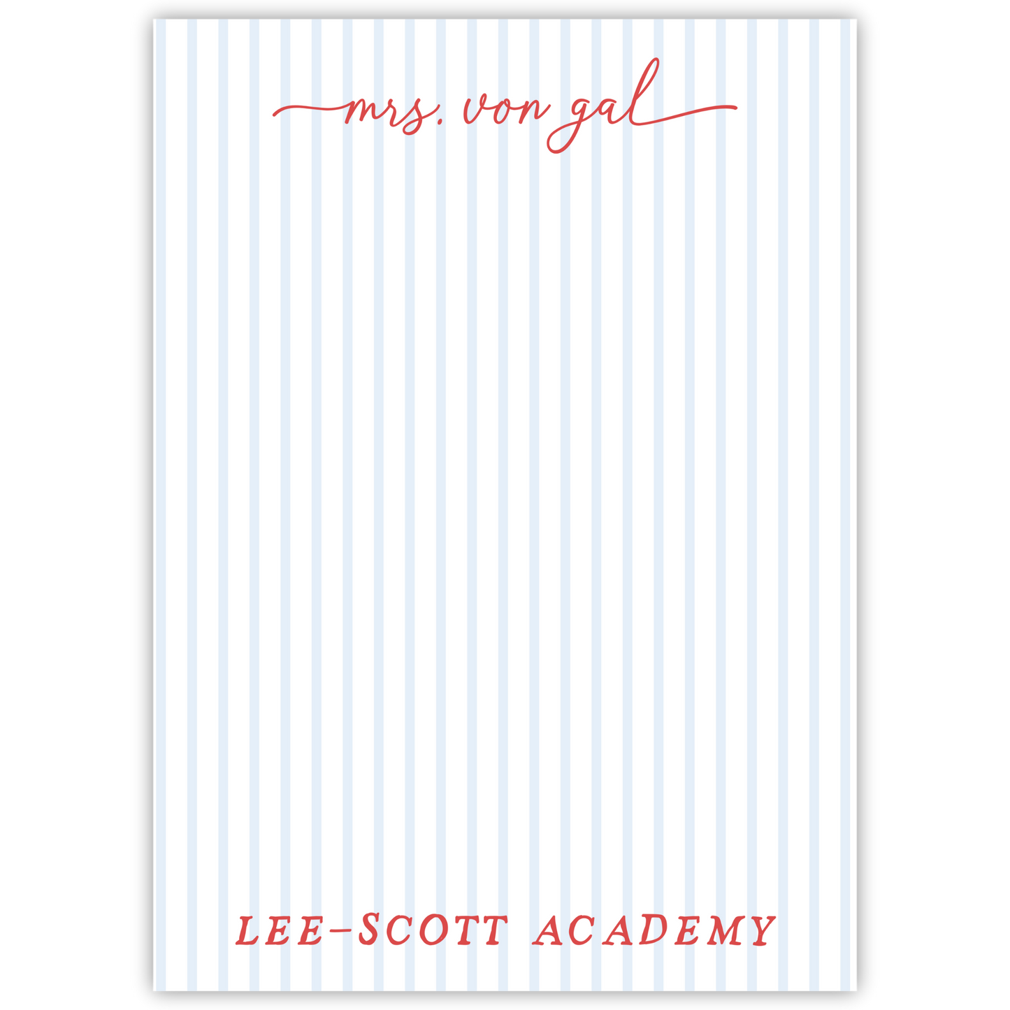 striped notepad with script teacher name & school name, ShooFly Paper Co. Auburn, Alabama