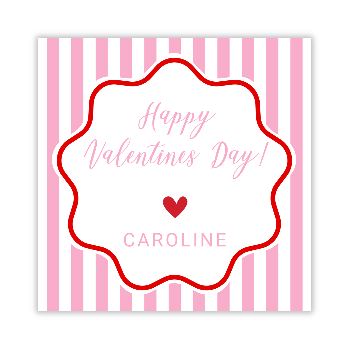 valentines gift tag with pink & white stripes and wavy border, ShooFly Paper Co. Auburn, Alabama