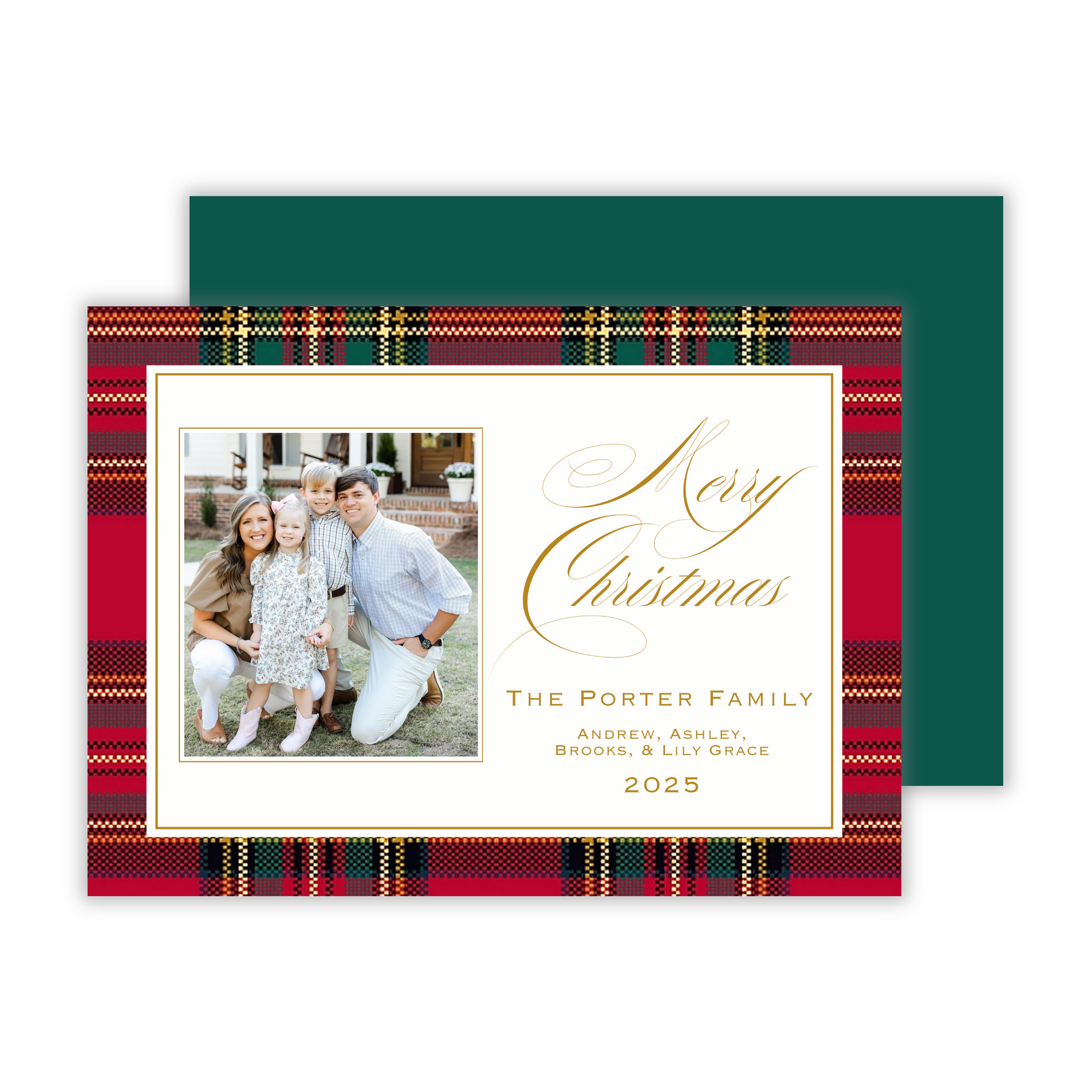 beautiful personalized photo christmas card with tartain plaid christmas plaid back, ShooFly Paper Co. Auburn, Alabama