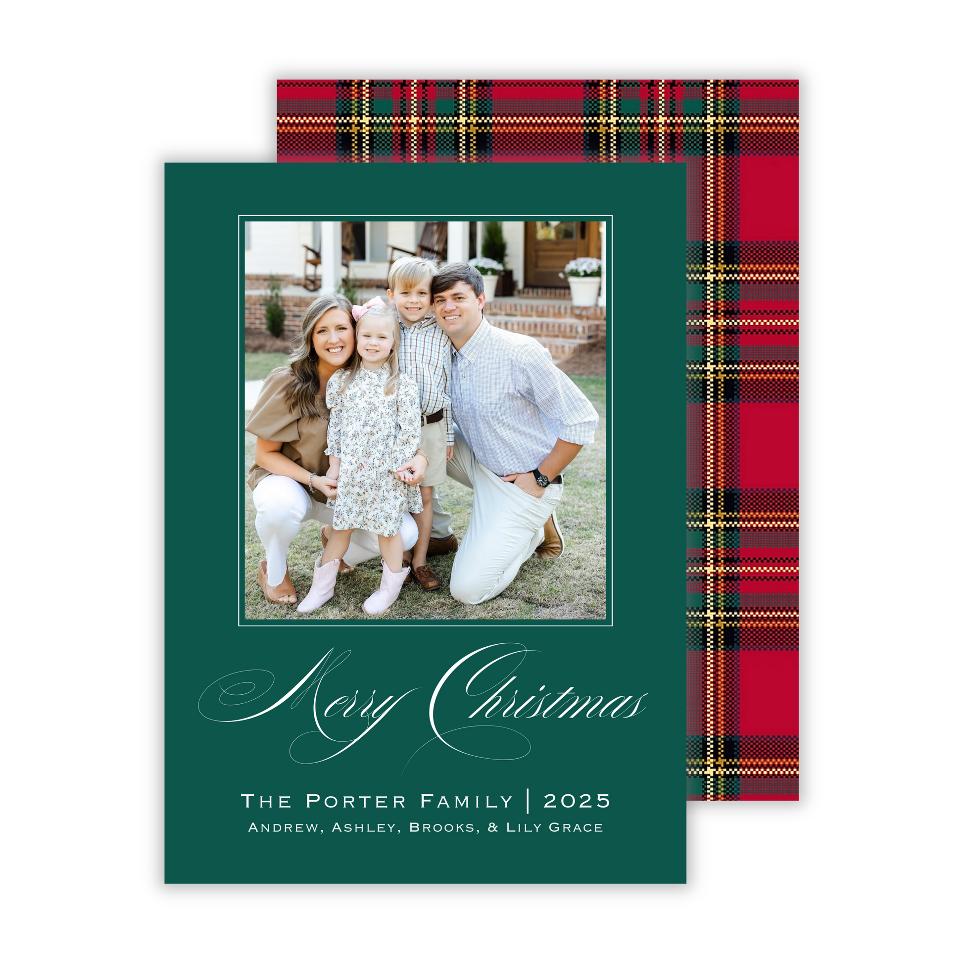 beautiful personalized photo christmas card with tartain plaid christmas plaid back, ShooFly Paper Co. Auburn, Alabama