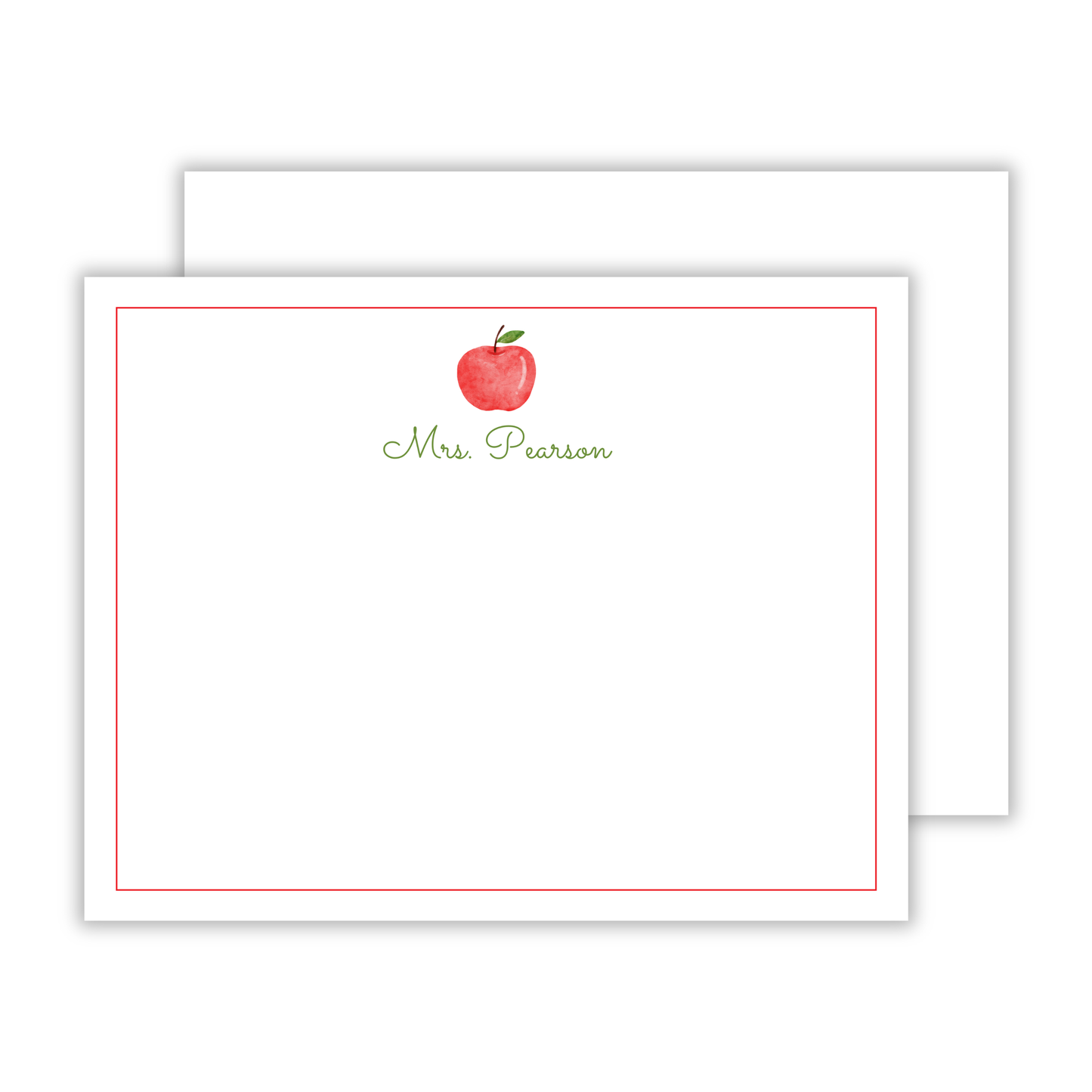 teacher gift, personalized notecard for teacher with watercolor apple and cursive name, ShooFly Paper Co. Auburn, Alabama