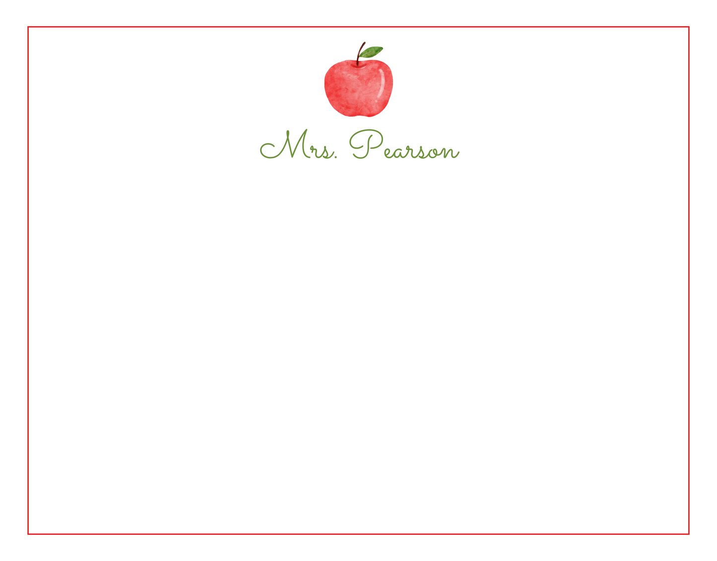 personalized notecard set for teachers with watercolor apple, ShooFly Paper Co. Auburn, AL
