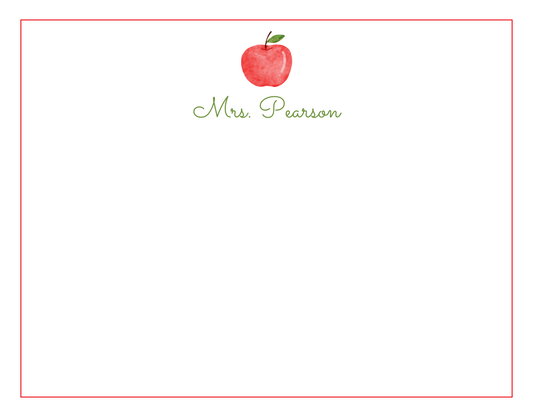 personalized notecard set for teachers with watercolor apple, ShooFly Paper Co. Auburn, AL