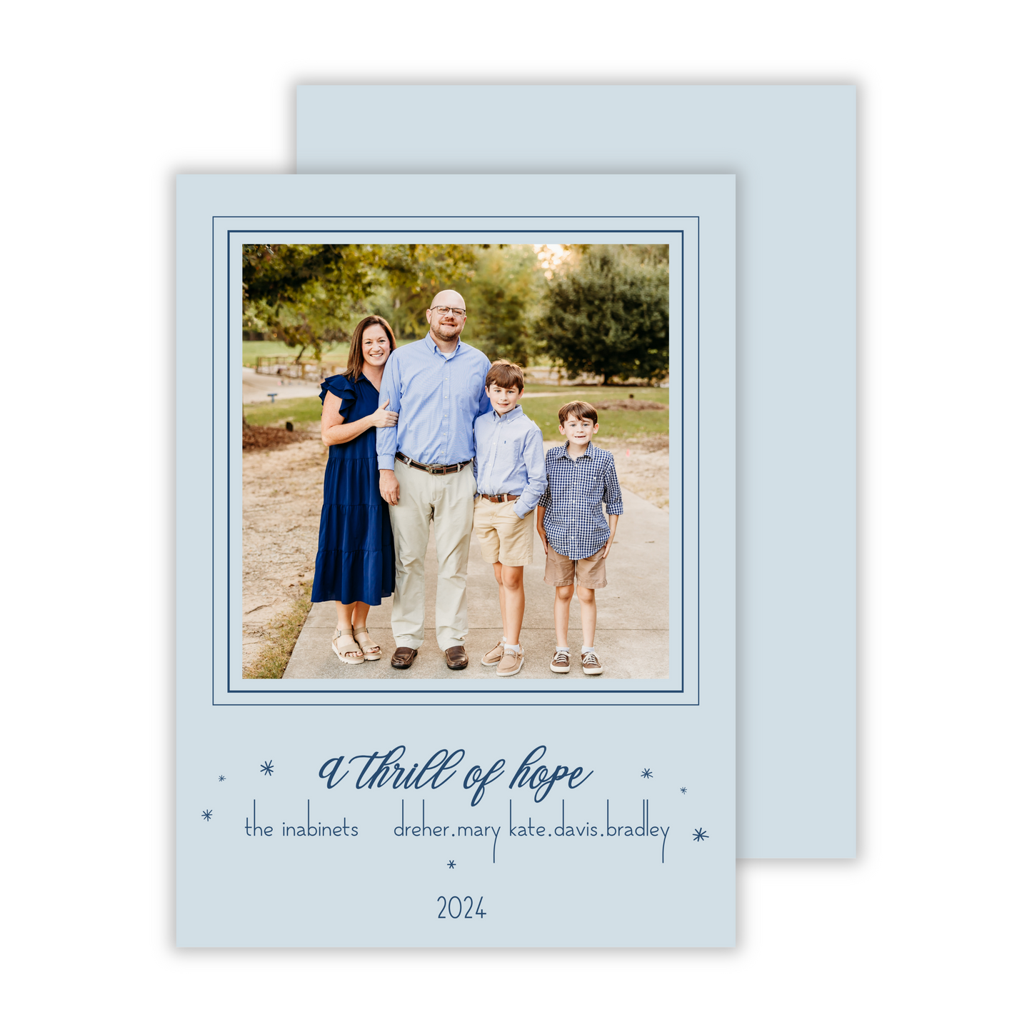 photo christmas card in blue hues with stars and a christmas phrase, ShooFly Paper Co. Auburn, Alabama