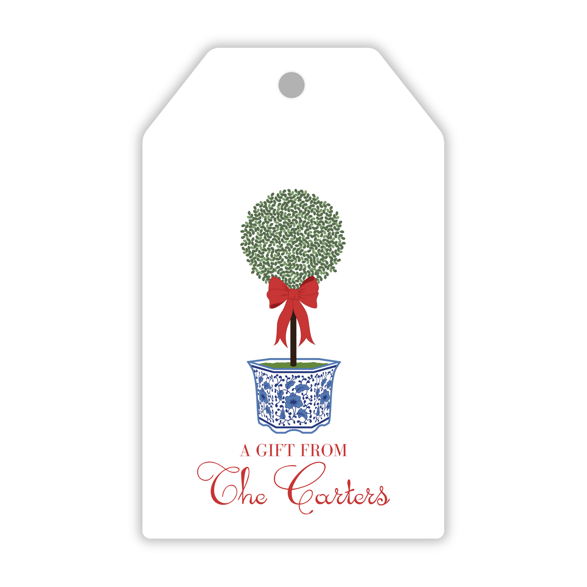 personalized hanging gift tag with christmas topiary with chinoiserie pot, ShooFly Paper Co. Auburn, Alabama