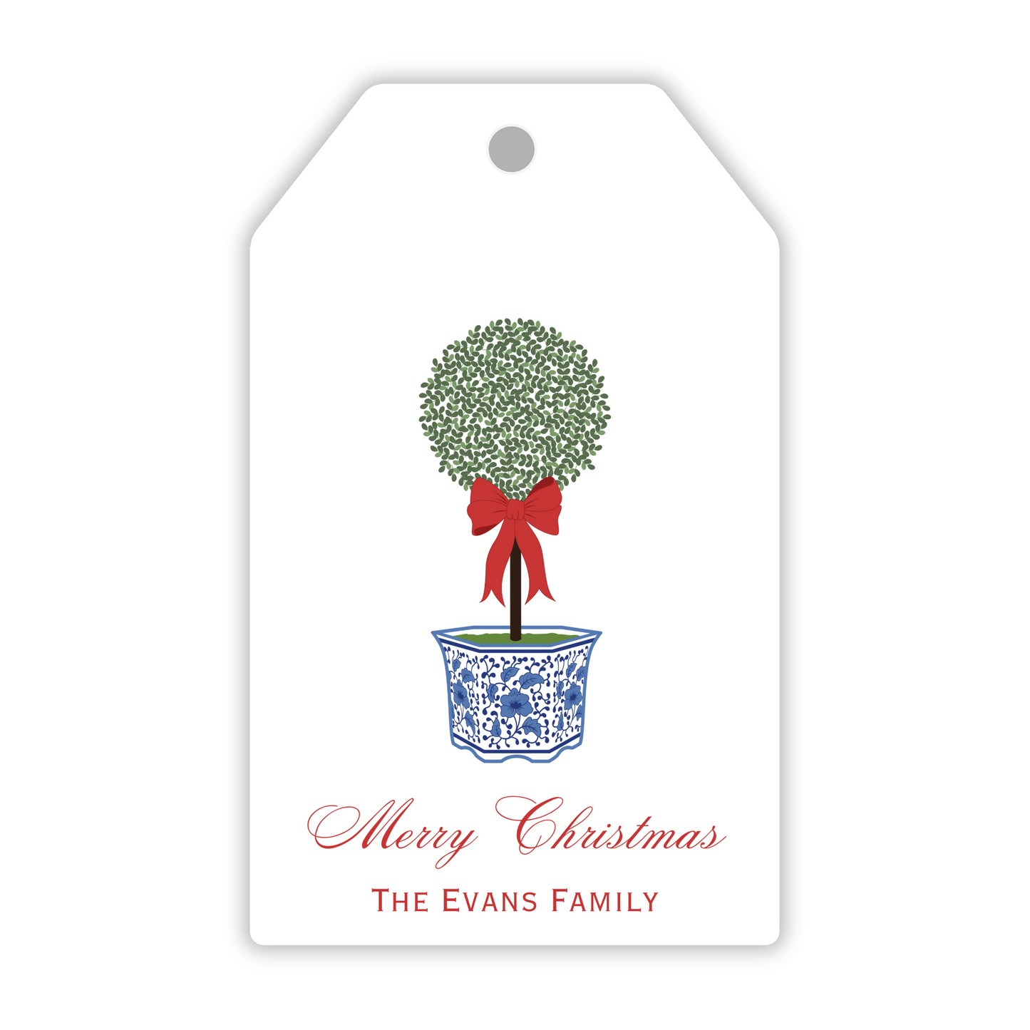 personalized christmas gift tag with christmas topiary, ShooFly Paper Co. Auburn, Alabama