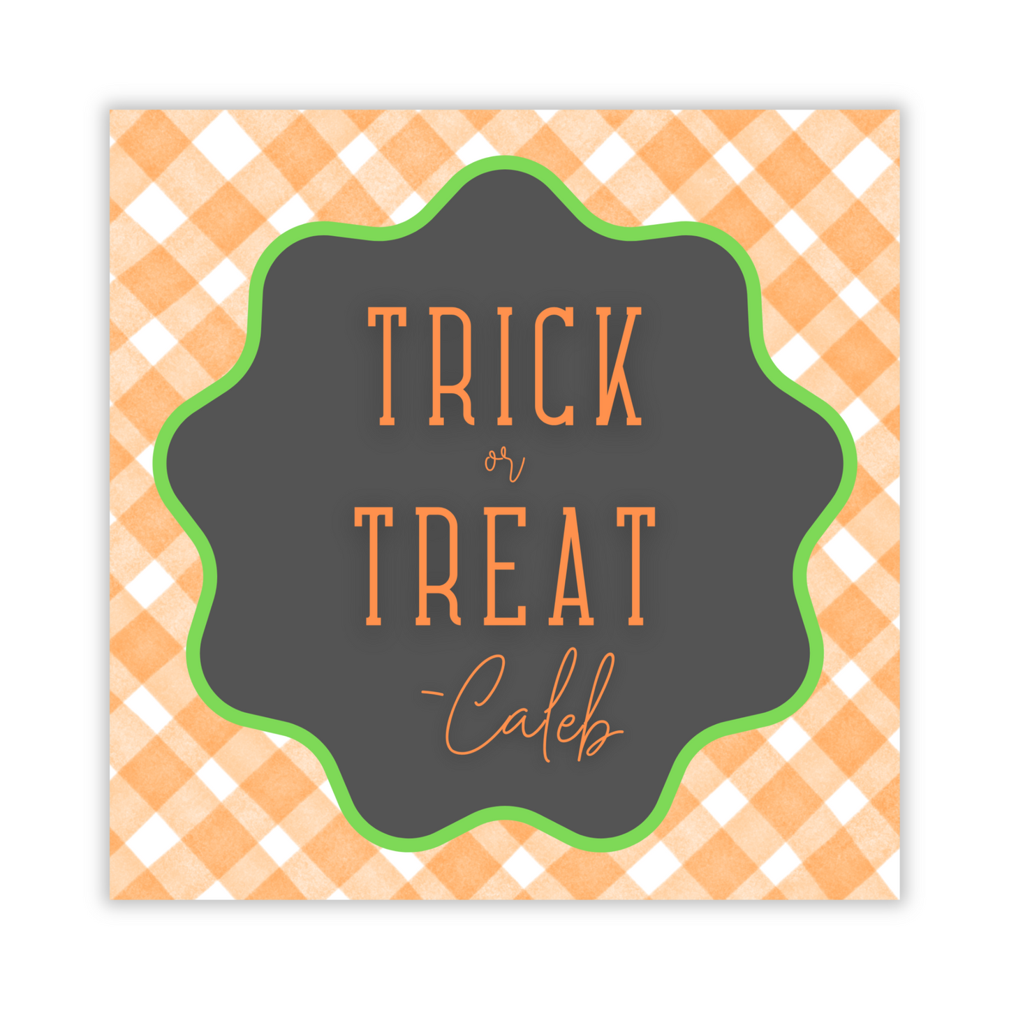 orange gingham gift tag for trick or treat Halloween treat; ShooFly Paper Co. Auburn, Alabama