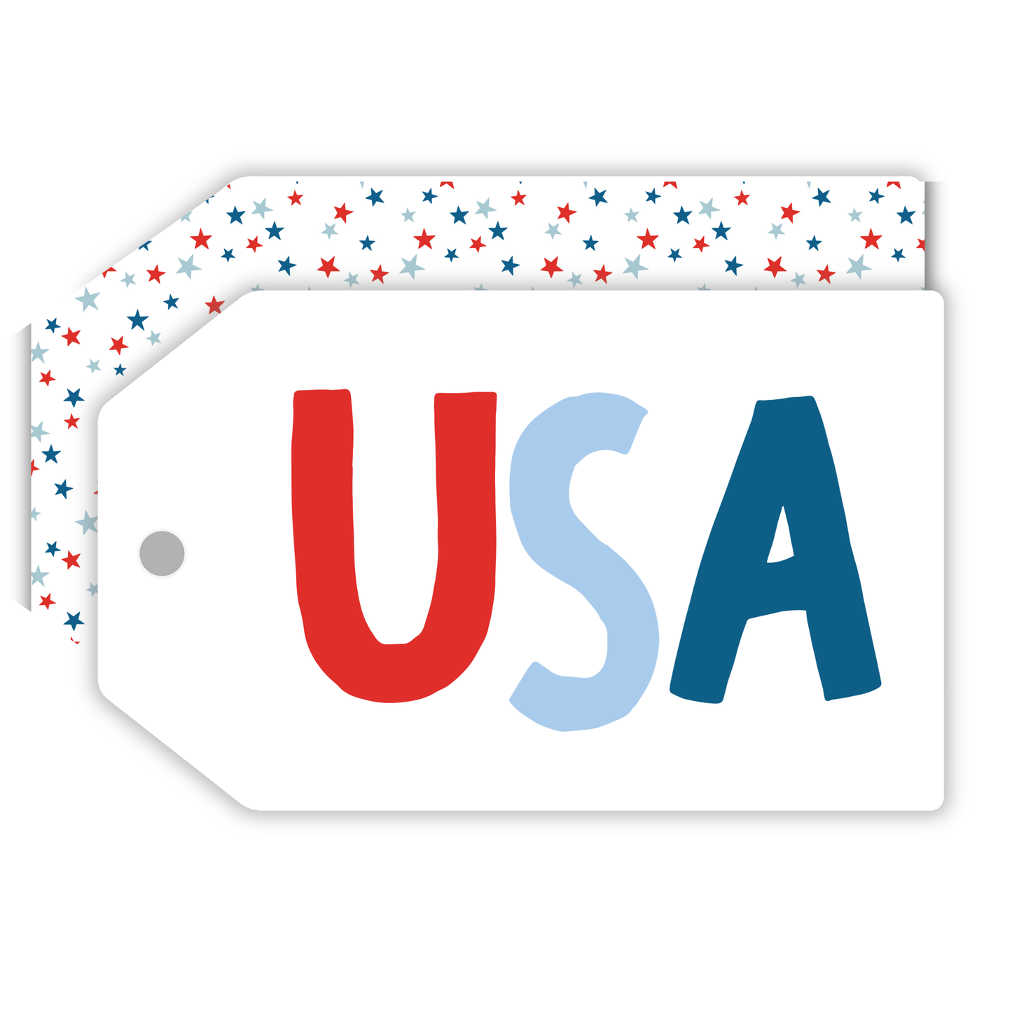 USA Gift Tag for 4th of July with red white and blue "USA" on the front and coordinating stars on the back, ShooFly Paper Co. Auburn, Alabama