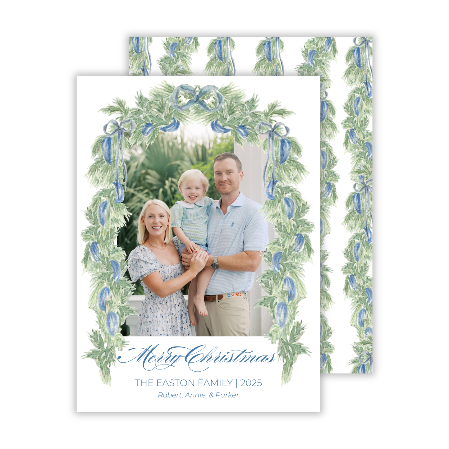 elegant Christmas card with watercolor garland with blue ribbon throughout; ShooFly Paper Co. Auburn, Alabama
