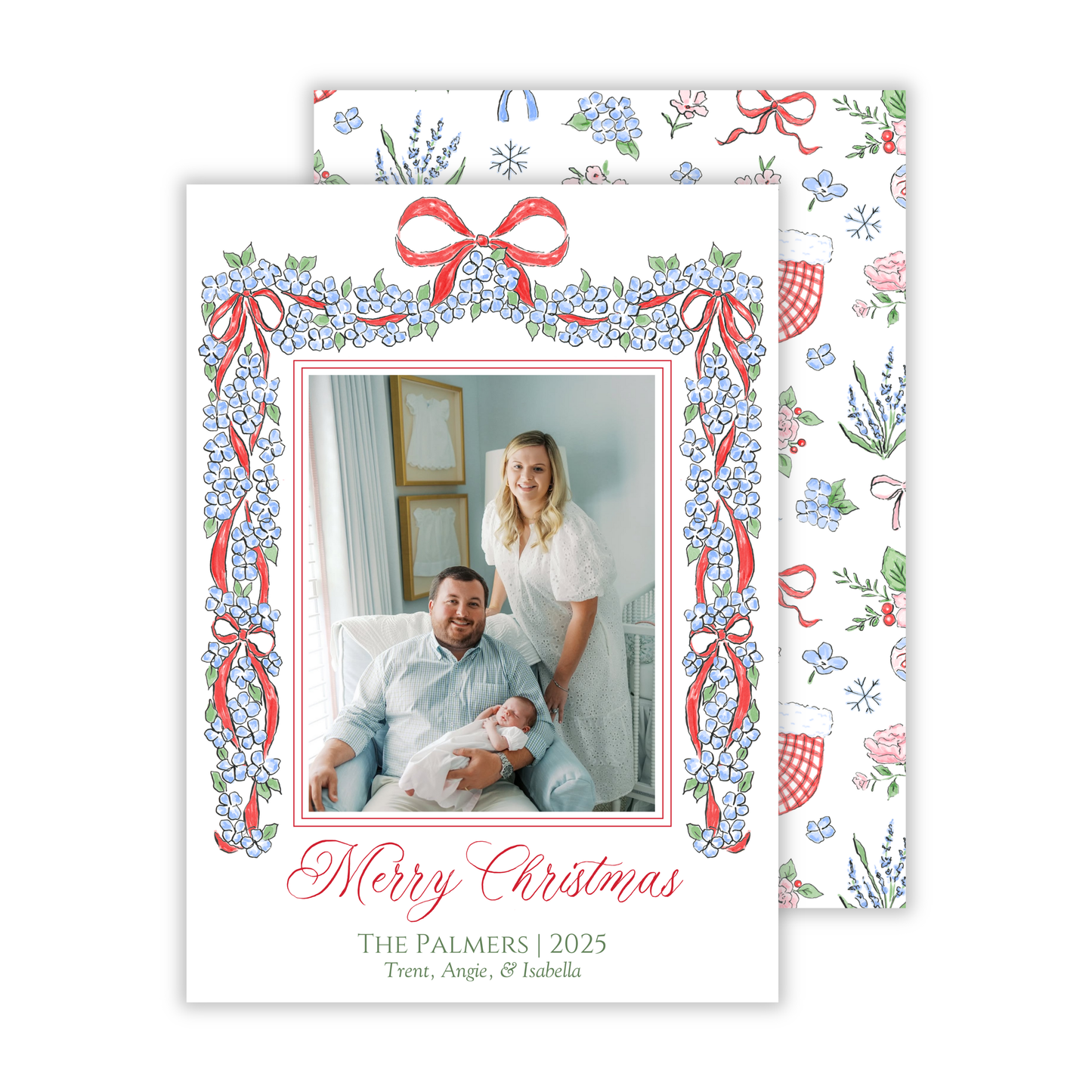 whimsical Christmas card with blue hydrangea border with red ribbon, photo Christmas card, ShooFly Paper Co. Auburn, Alabama