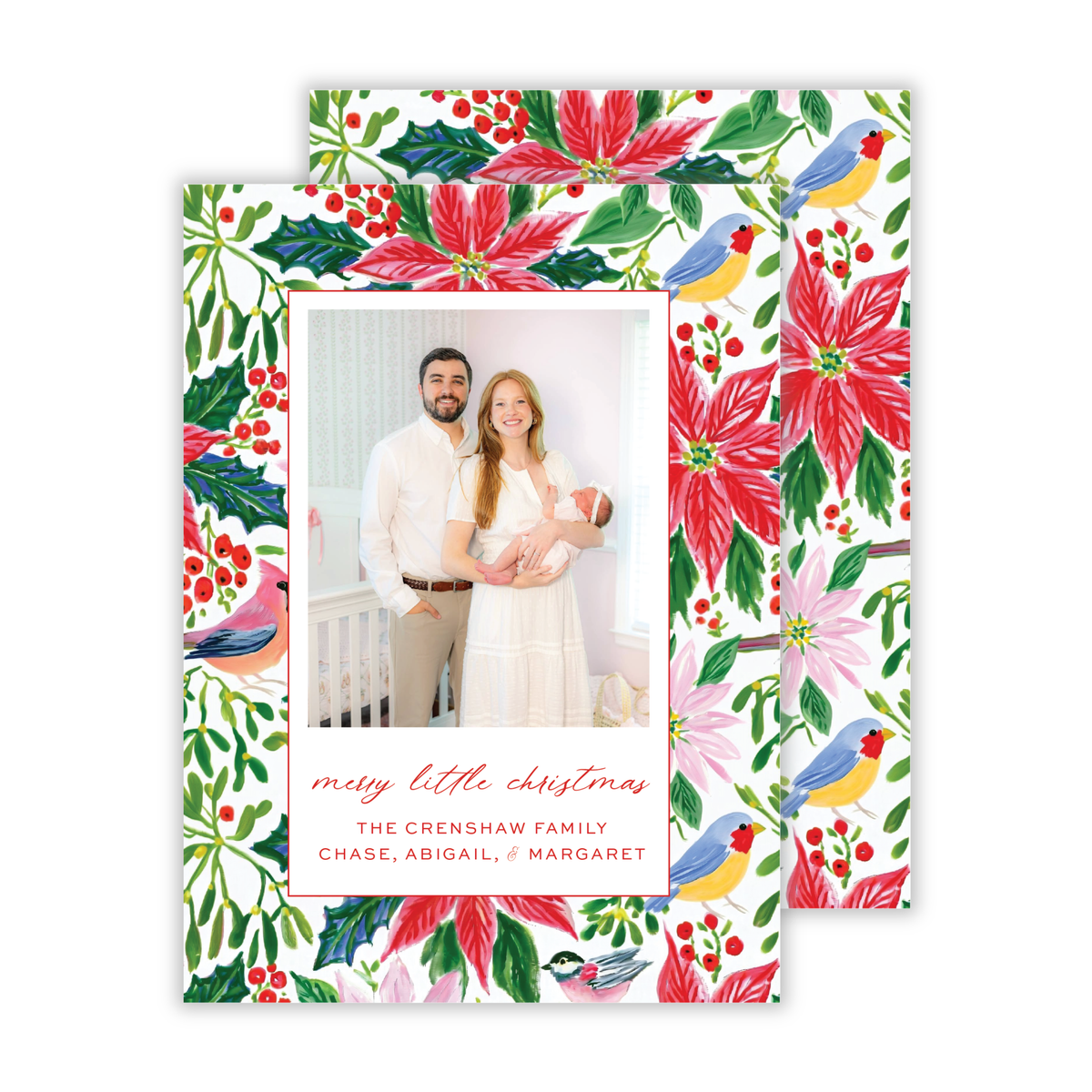 personalized photo Christmas card with watercolor poinsettia graphics, ShooFly Paper Co. Auburn, Alabama