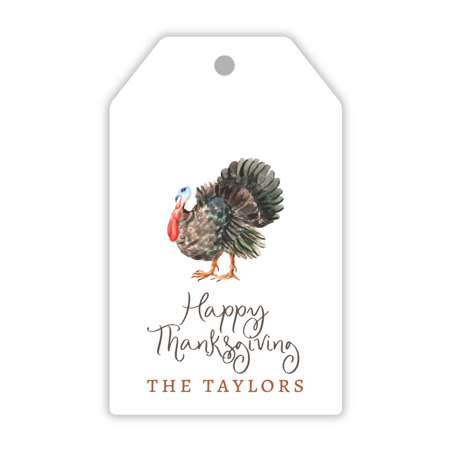 personalized gift tag with watercolor turkey and Happy Thanksgiving greeting, ShooFly Paper Co. Auburn, Alabama