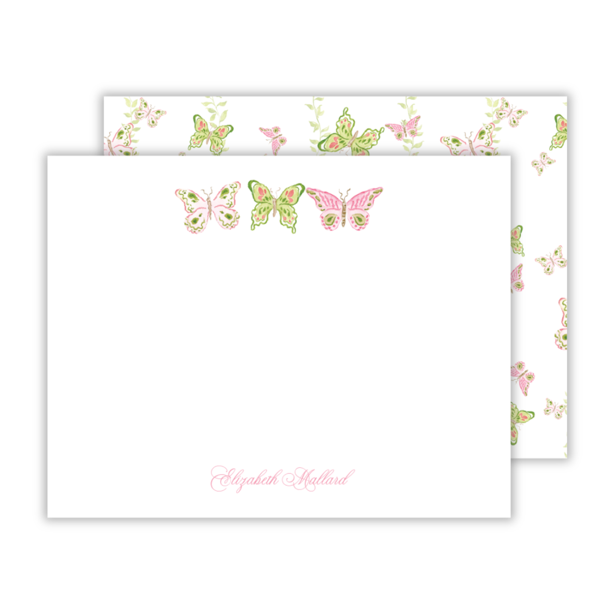 personalized notecard set with watercolor butterfly and floral design, ShooFly Paper Co. Auburn, Alabama