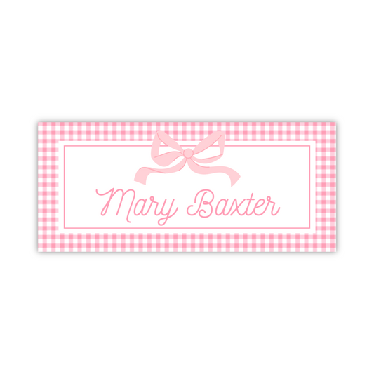 pink gingham waterproof name label for kids